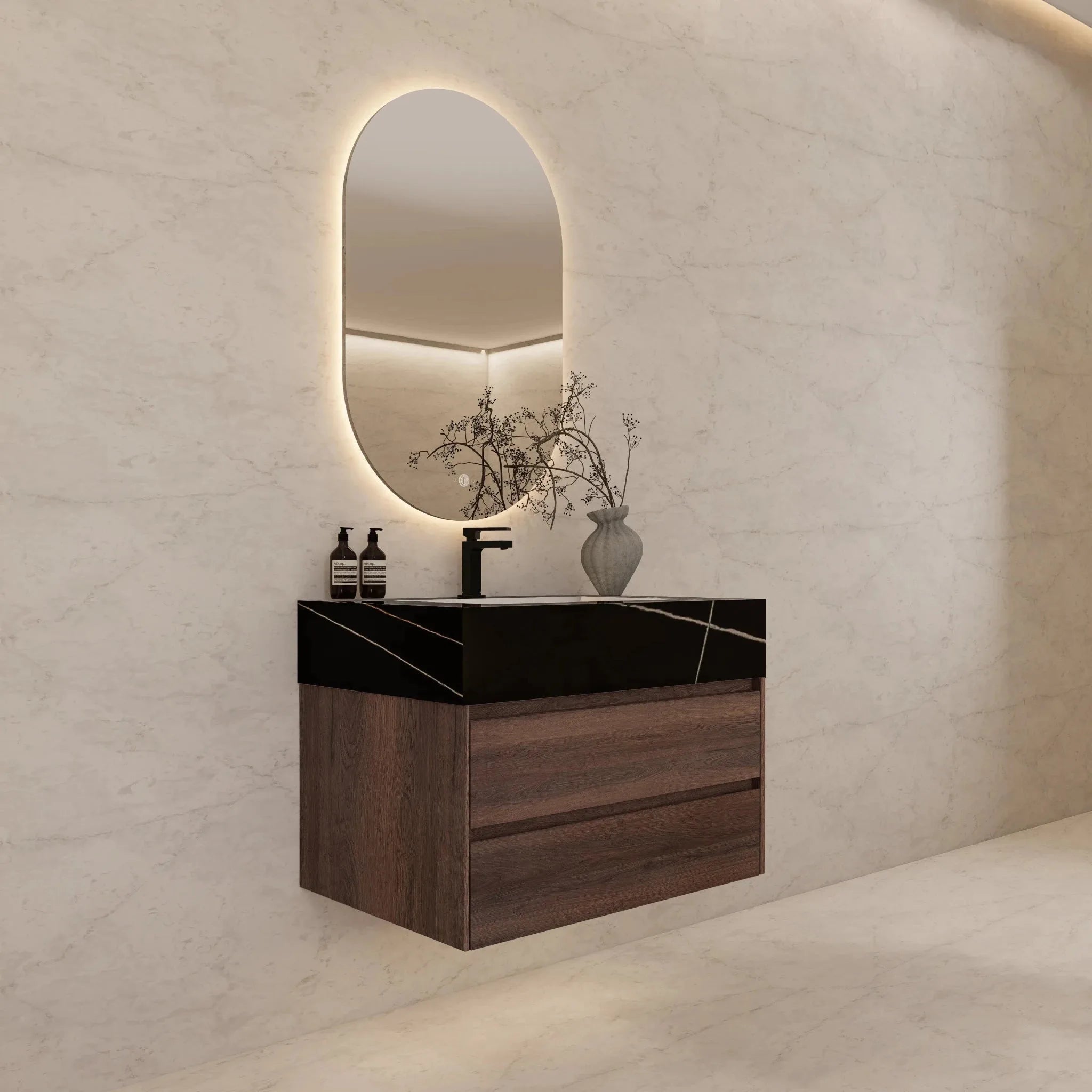 Aventino 32" Walnut Floating Single-Sink Vanity with Sintered Stone Top