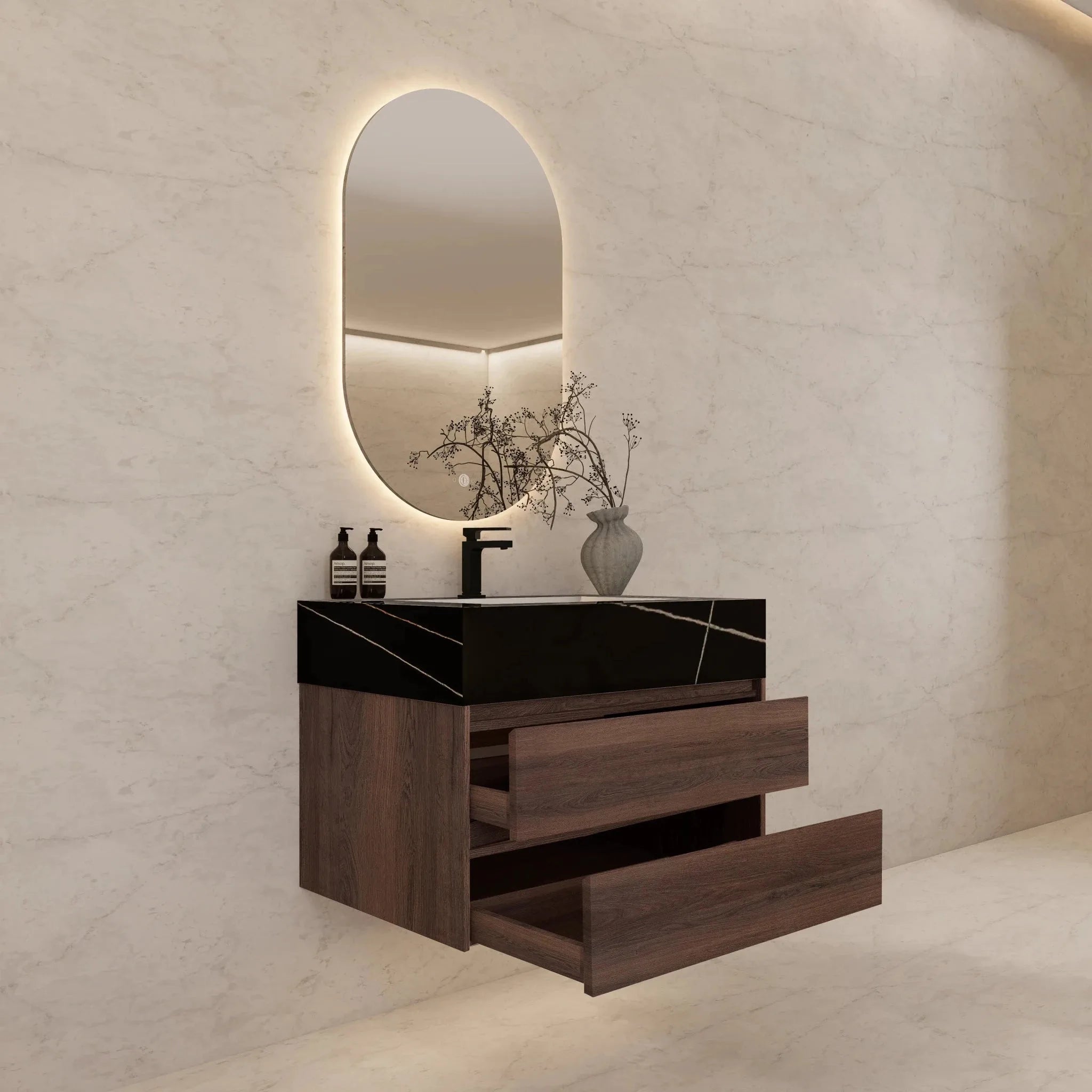 Aventino 32" Walnut Floating Single-Sink Vanity with Sintered Stone Top