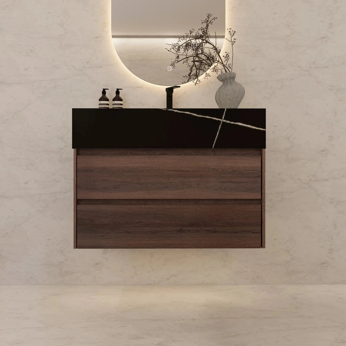 Aventino 32" Black Marquina Gold Veins single-sink flat floating vanity — sintered stone top