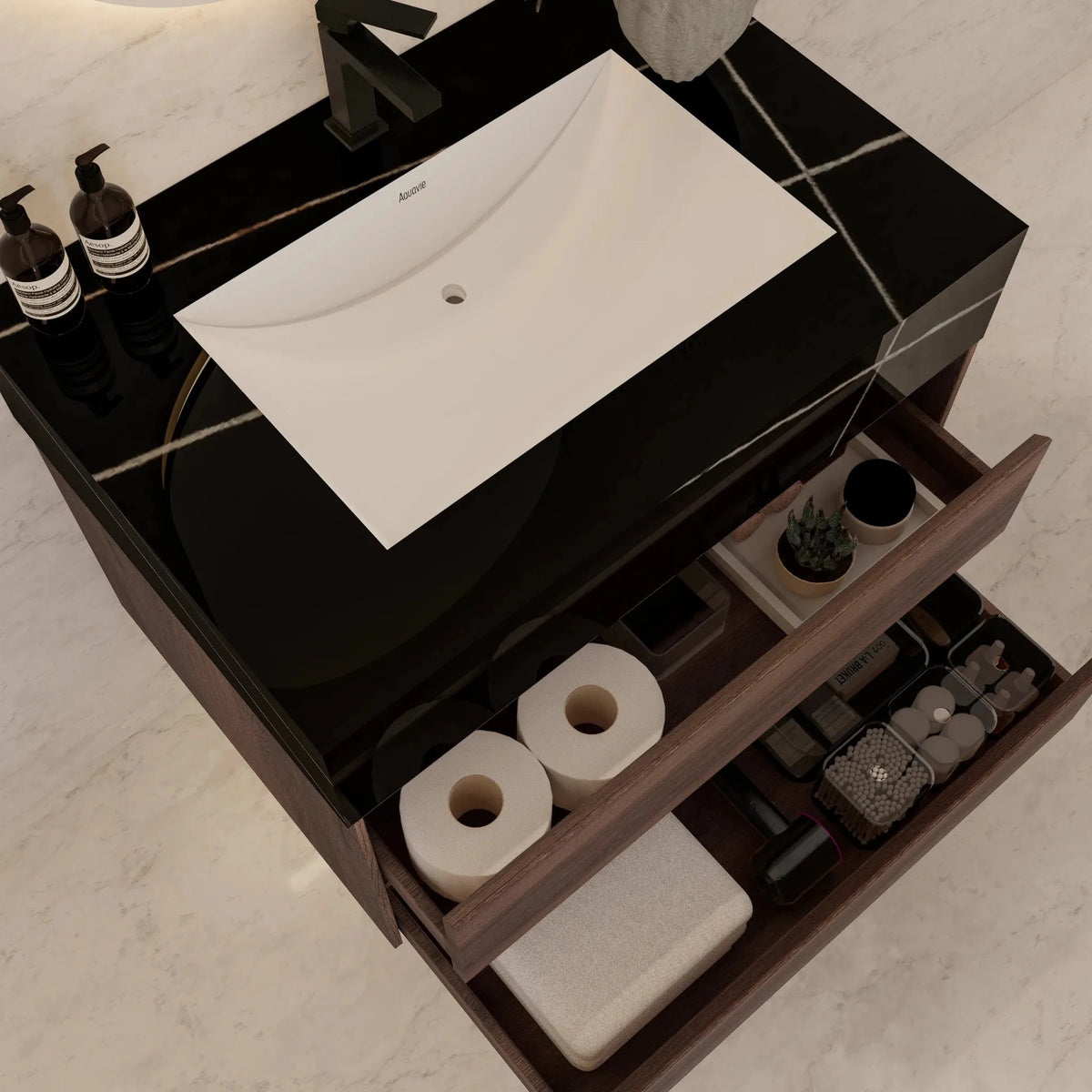 Aventino 32" Black Marquina Gold Veins single-sink flat floating vanity — sintered stone top