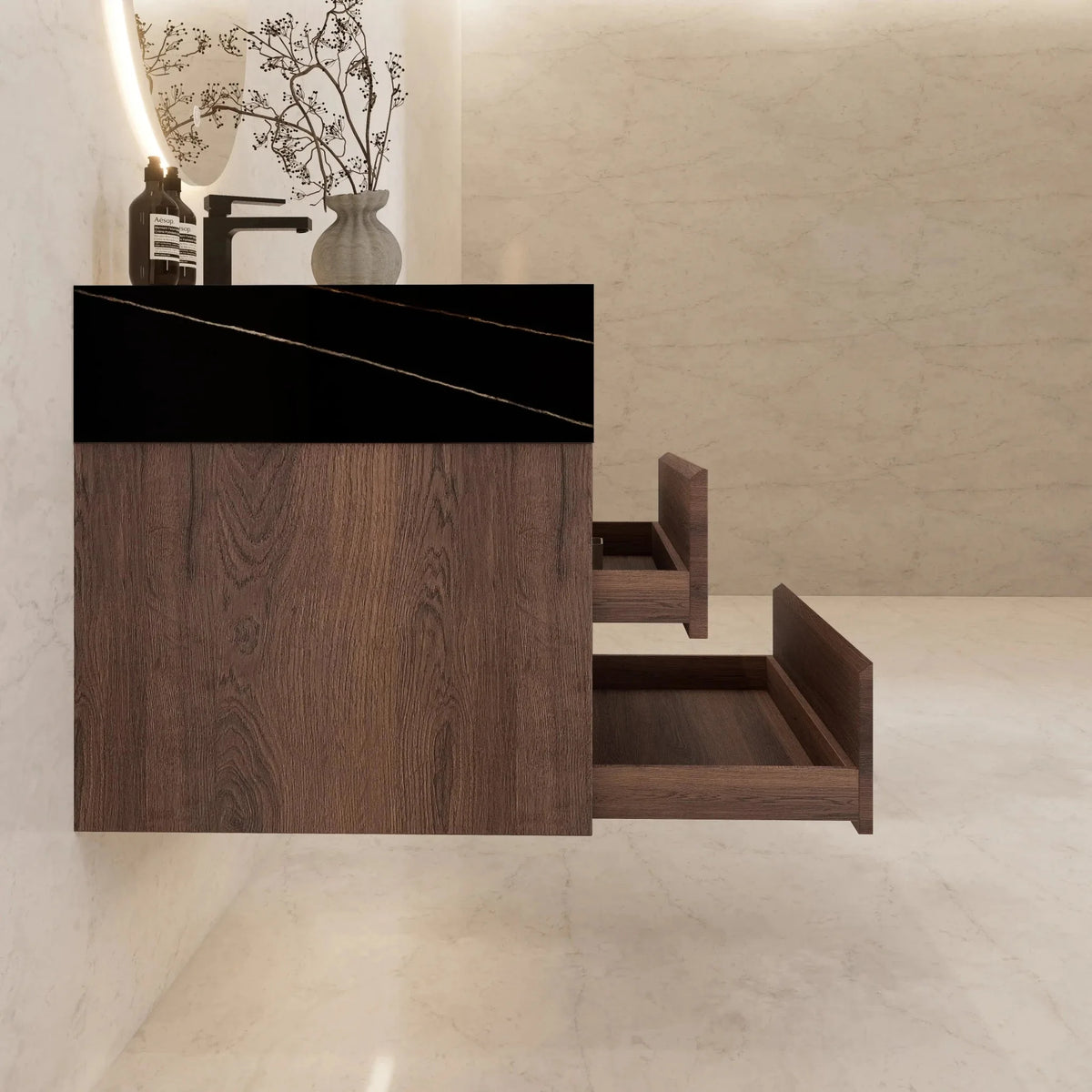 Aventino 32" Black Marquina Gold Veins single-sink flat floating vanity — sintered stone top
