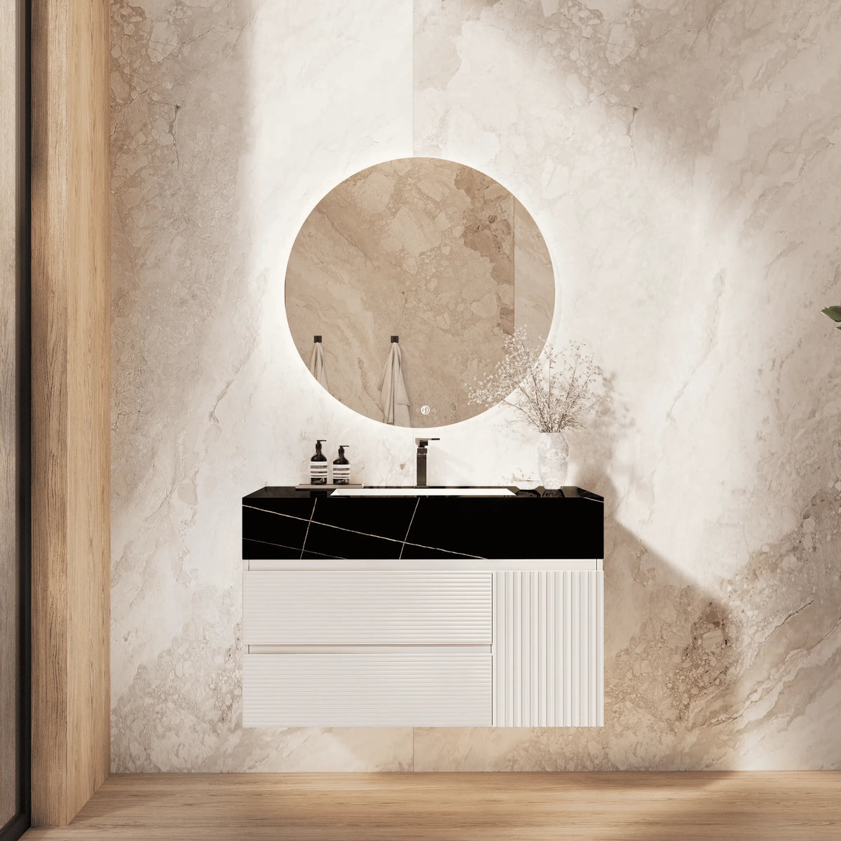 Aventino 32" Black Marquina Gold Veins single-sink fluted floating vanity — sintered stone top