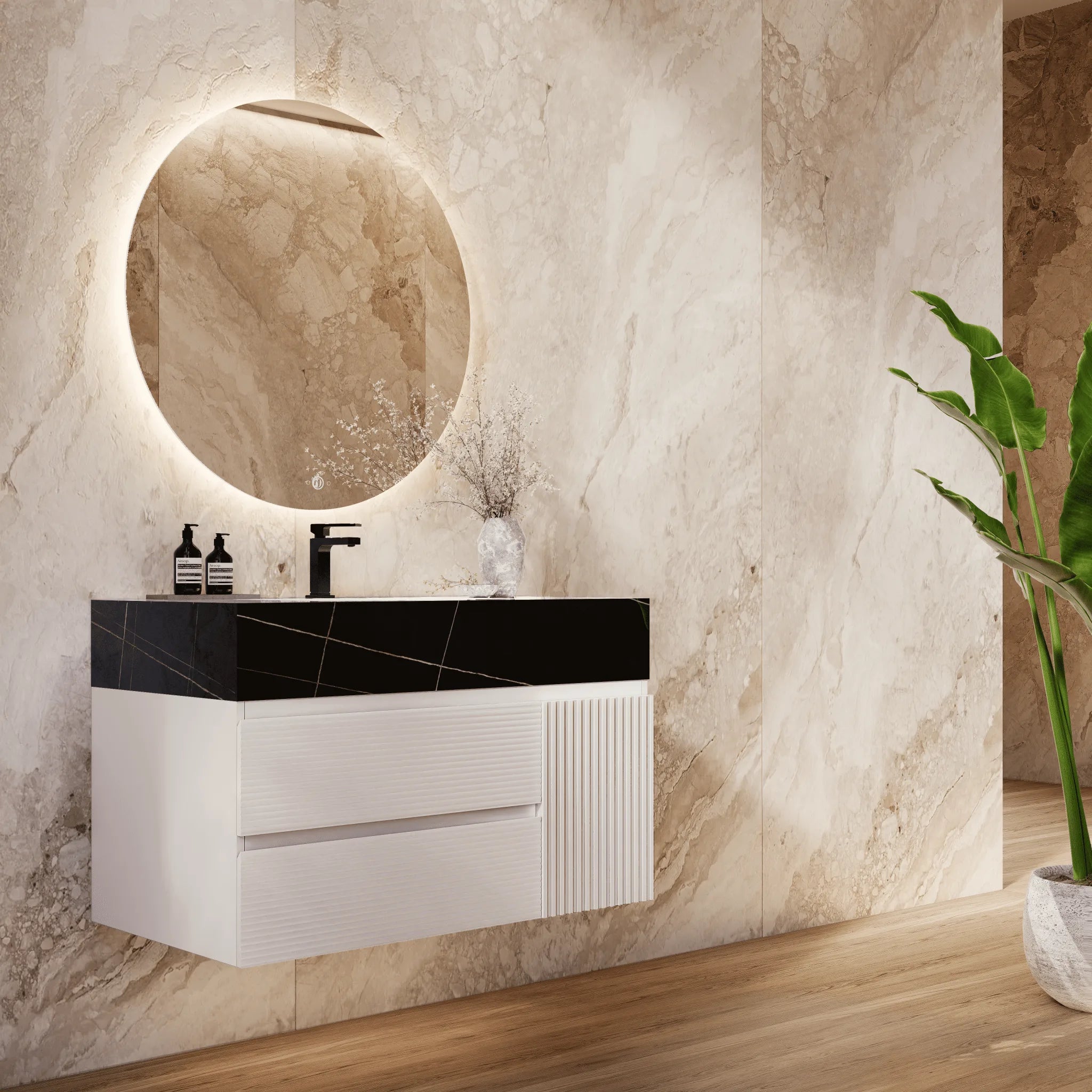 Aventino 32" White Fluted Floating Single-Sink Vanity with Sintered Stone Top