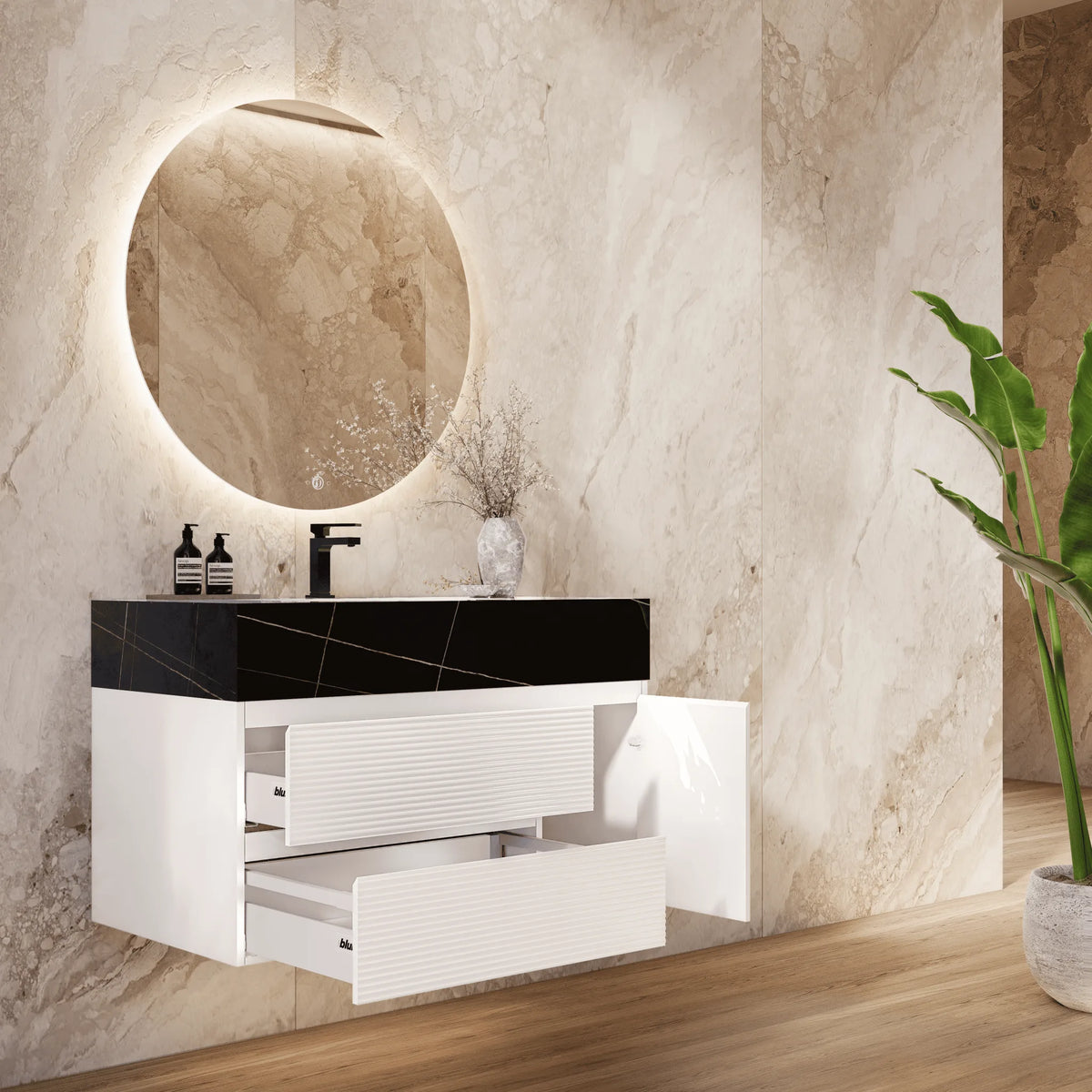 Aventino 32" Black Marquina Gold Veins single-sink fluted floating vanity — sintered stone top