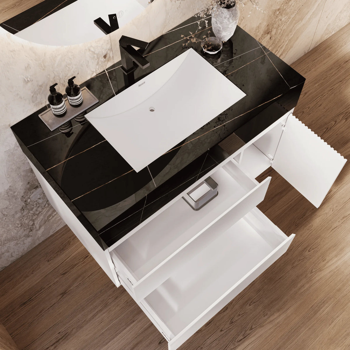 Aventino 32" Black Marquina Gold Veins single-sink fluted floating vanity — sintered stone top
