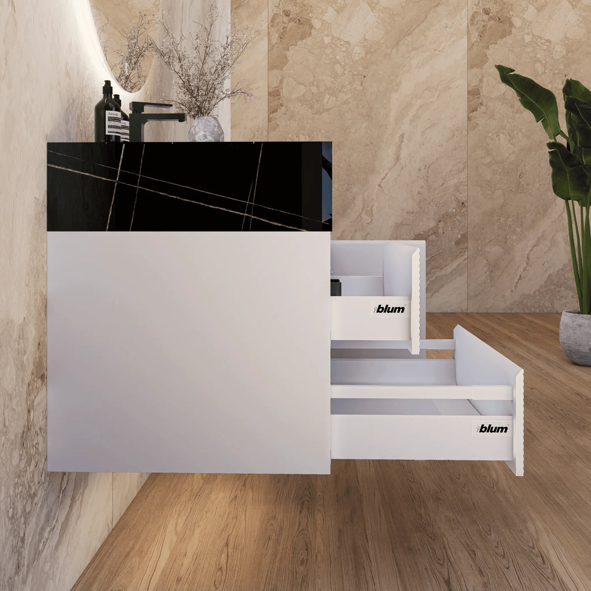 Aventino 32" Black Marquina Gold Veins single-sink fluted floating vanity — sintered stone top