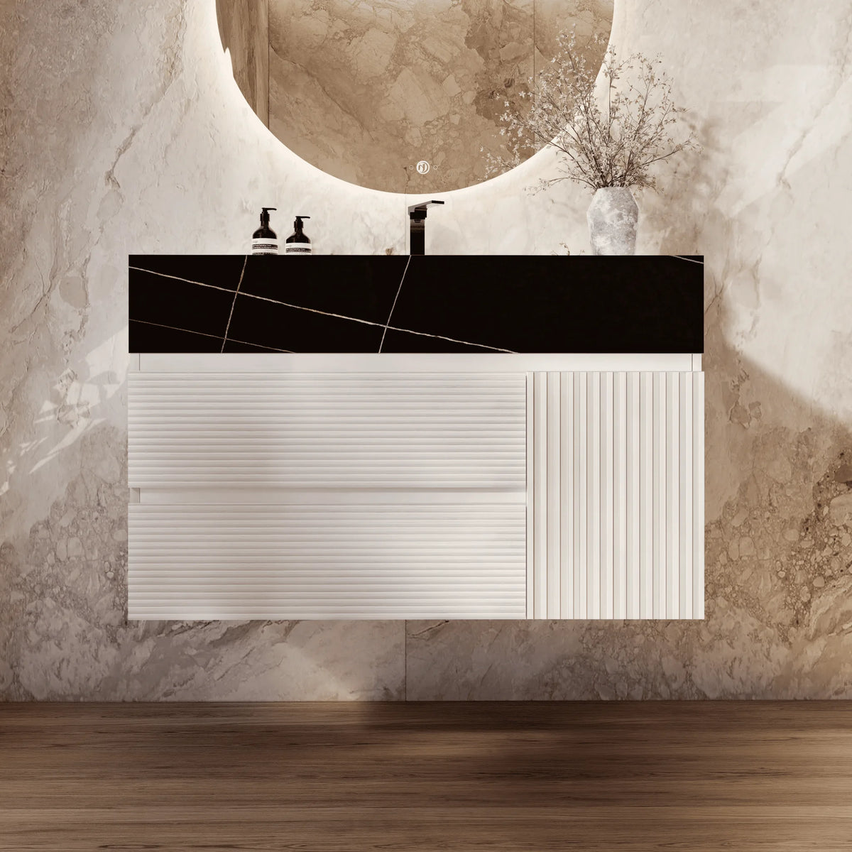 Aventino 32" Black Marquina Gold Veins single-sink fluted floating vanity — sintered stone top