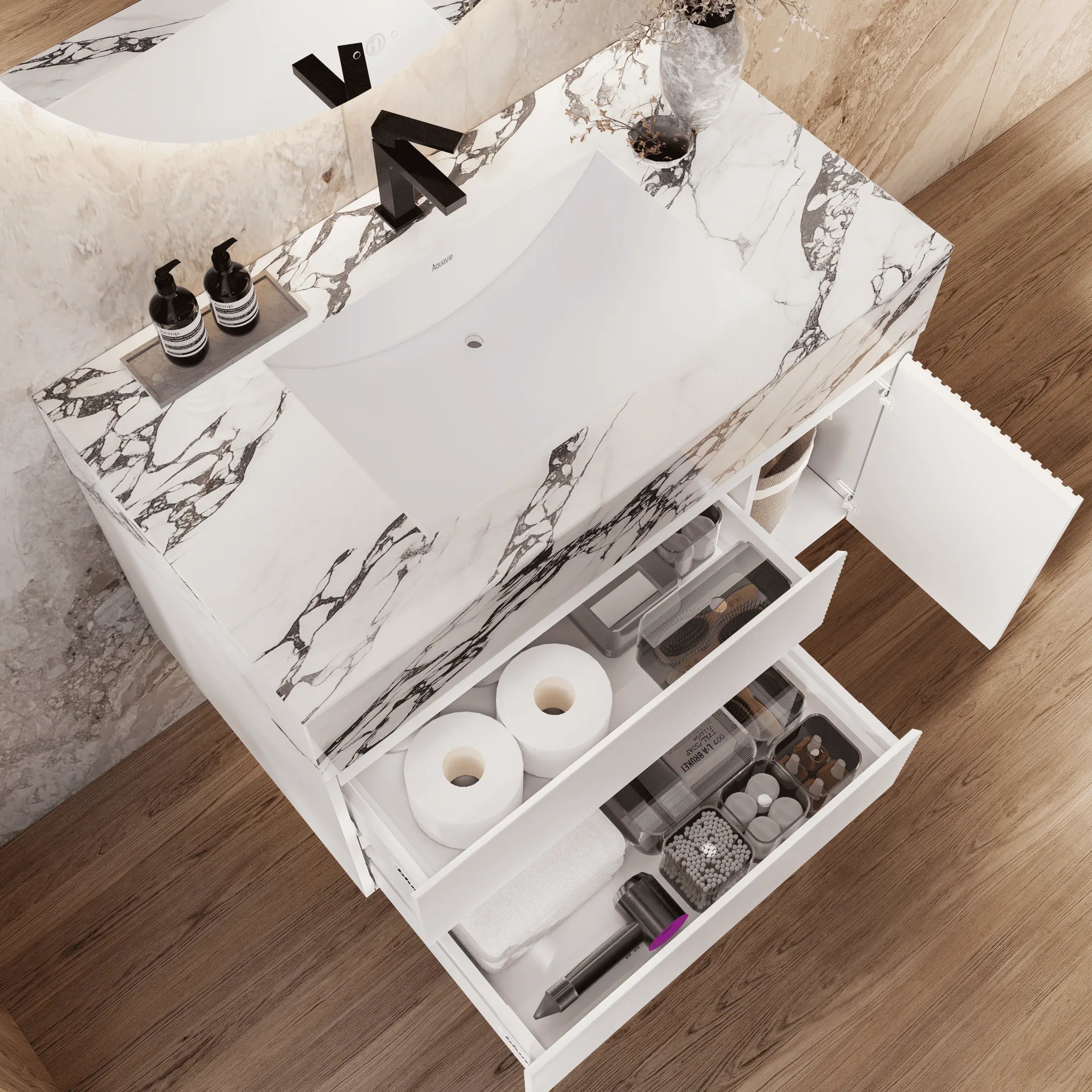 Aventino 32" White Fluted Floating Single-Sink Vanity with Sintered Stone Top