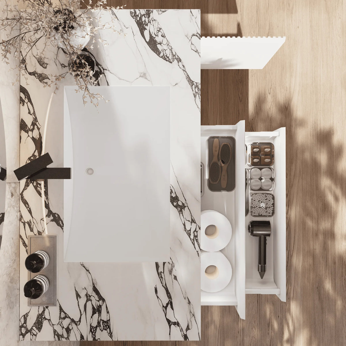 Aventino 32" Calacatta Black single-sink fluted floating vanity — sintered stone top