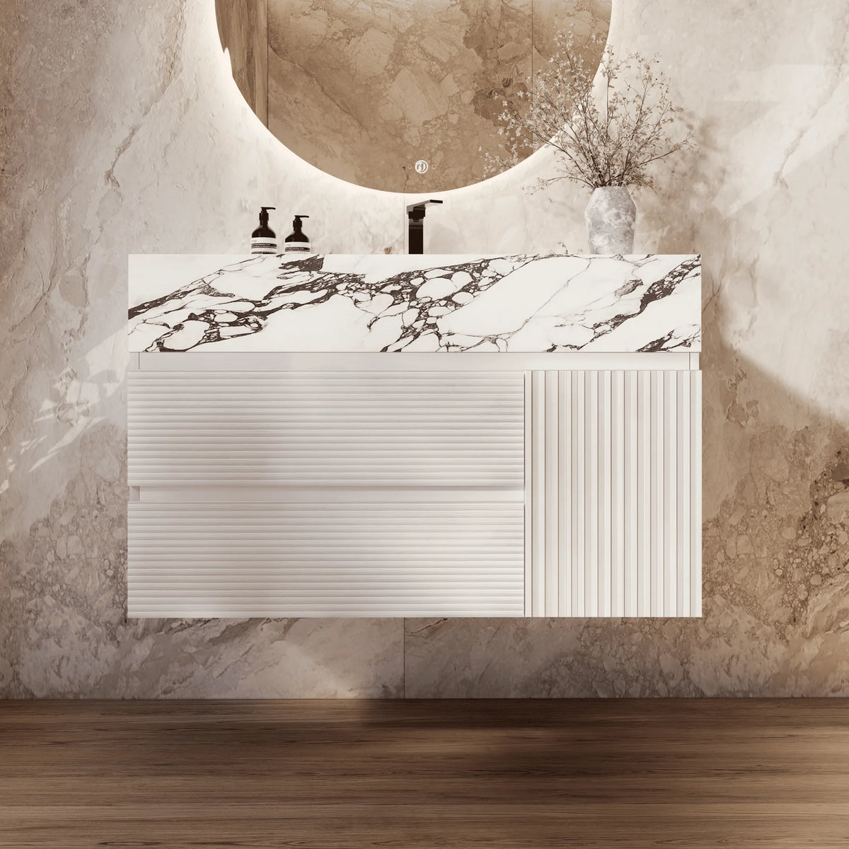 Aventino 32" Calacatta Black single-sink fluted floating vanity — sintered stone top