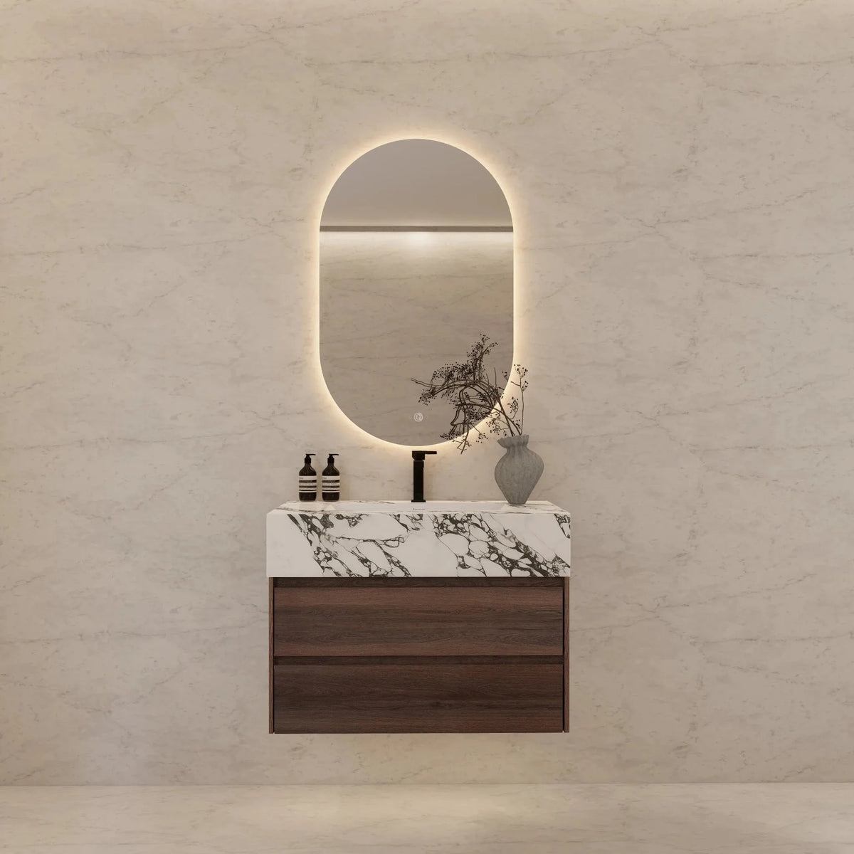 Aventino 32" Calacatta Black single-sink flat floating vanity — sintered stone top