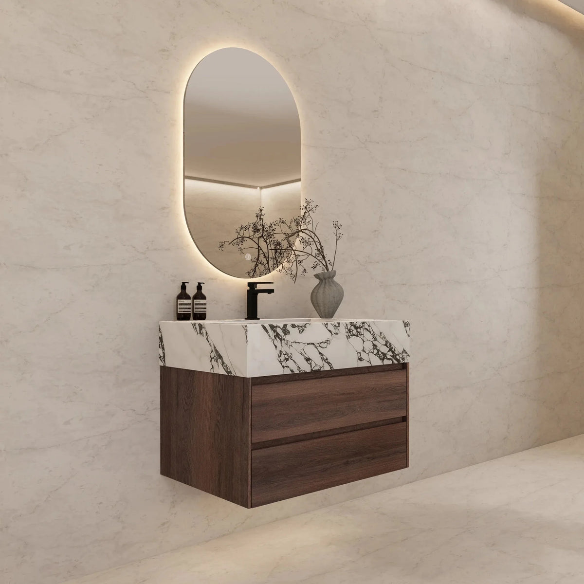 Aventino 32" Calacatta Black single-sink flat floating vanity — sintered stone top