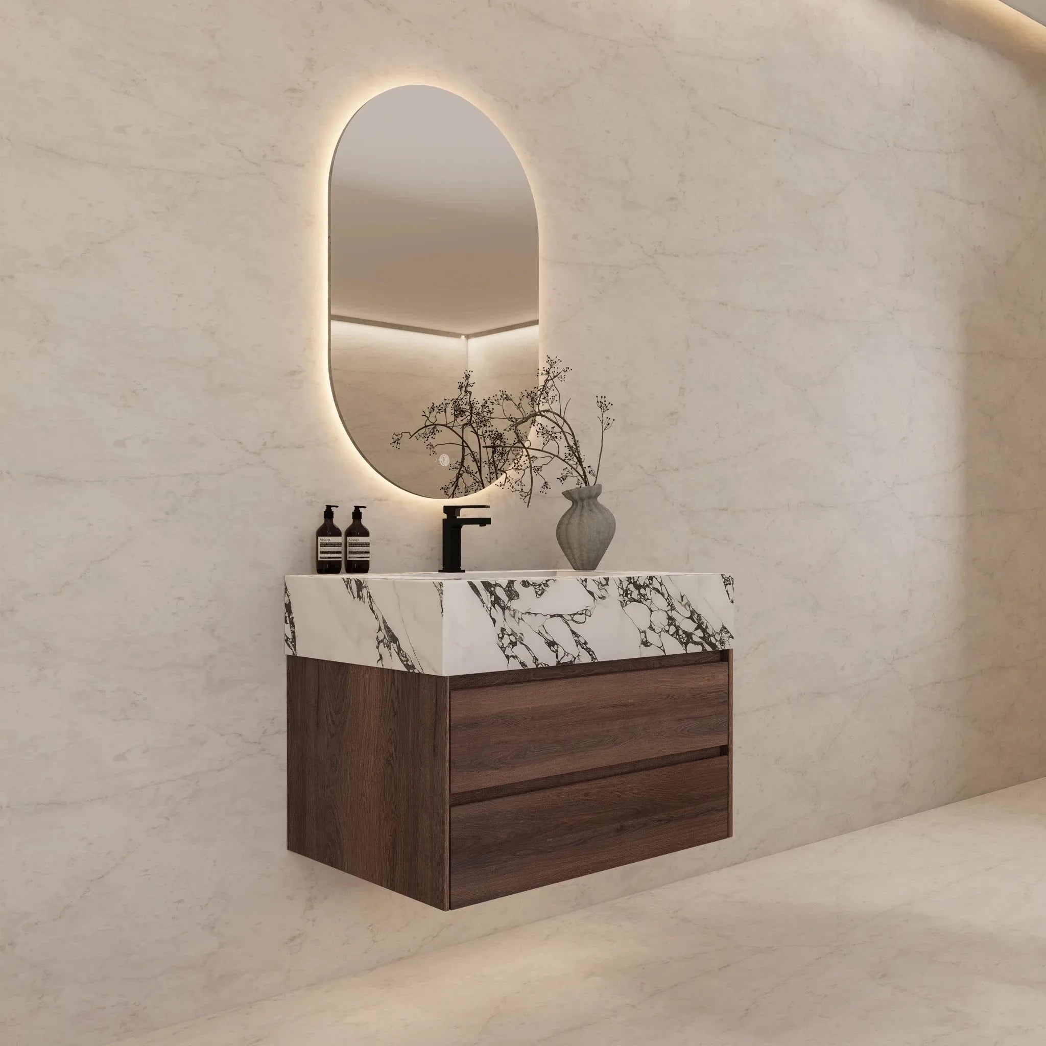 Aventino 32" Walnut Floating Single-Sink Vanity with Sintered Stone Top