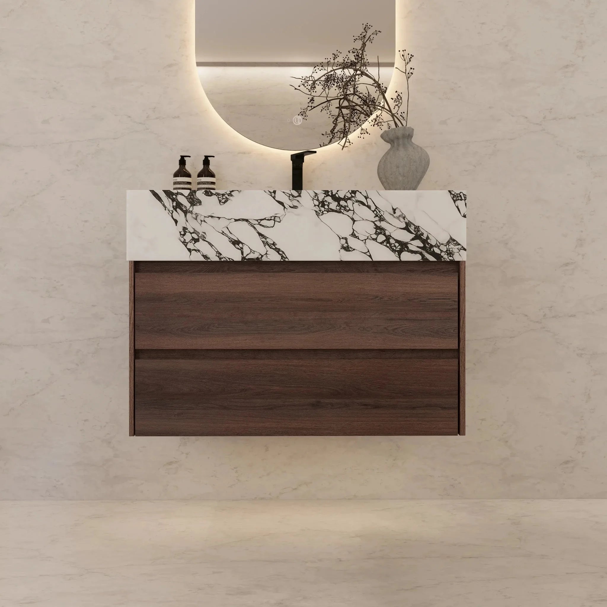 Aventino 32" Walnut Floating Single-Sink Vanity with Sintered Stone Top
