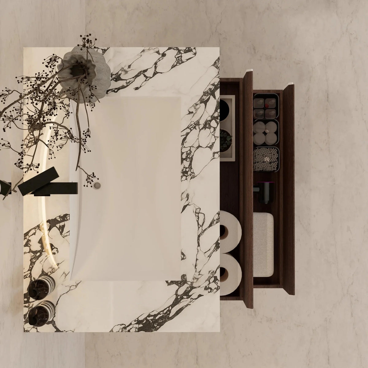 Aventino 32" Calacatta Black single-sink flat floating vanity — sintered stone top
