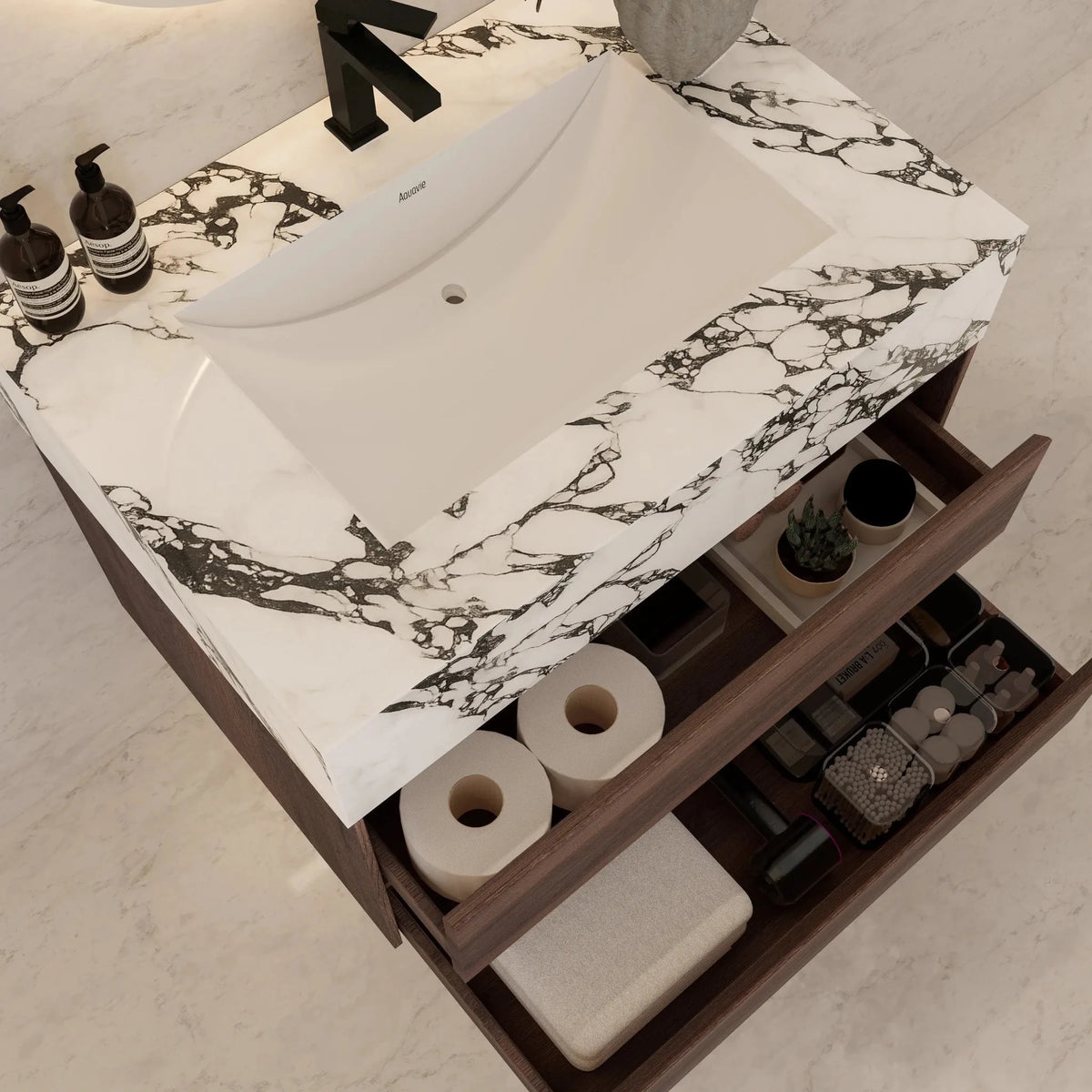 Aventino 32" Calacatta Black single-sink flat floating vanity — sintered stone top