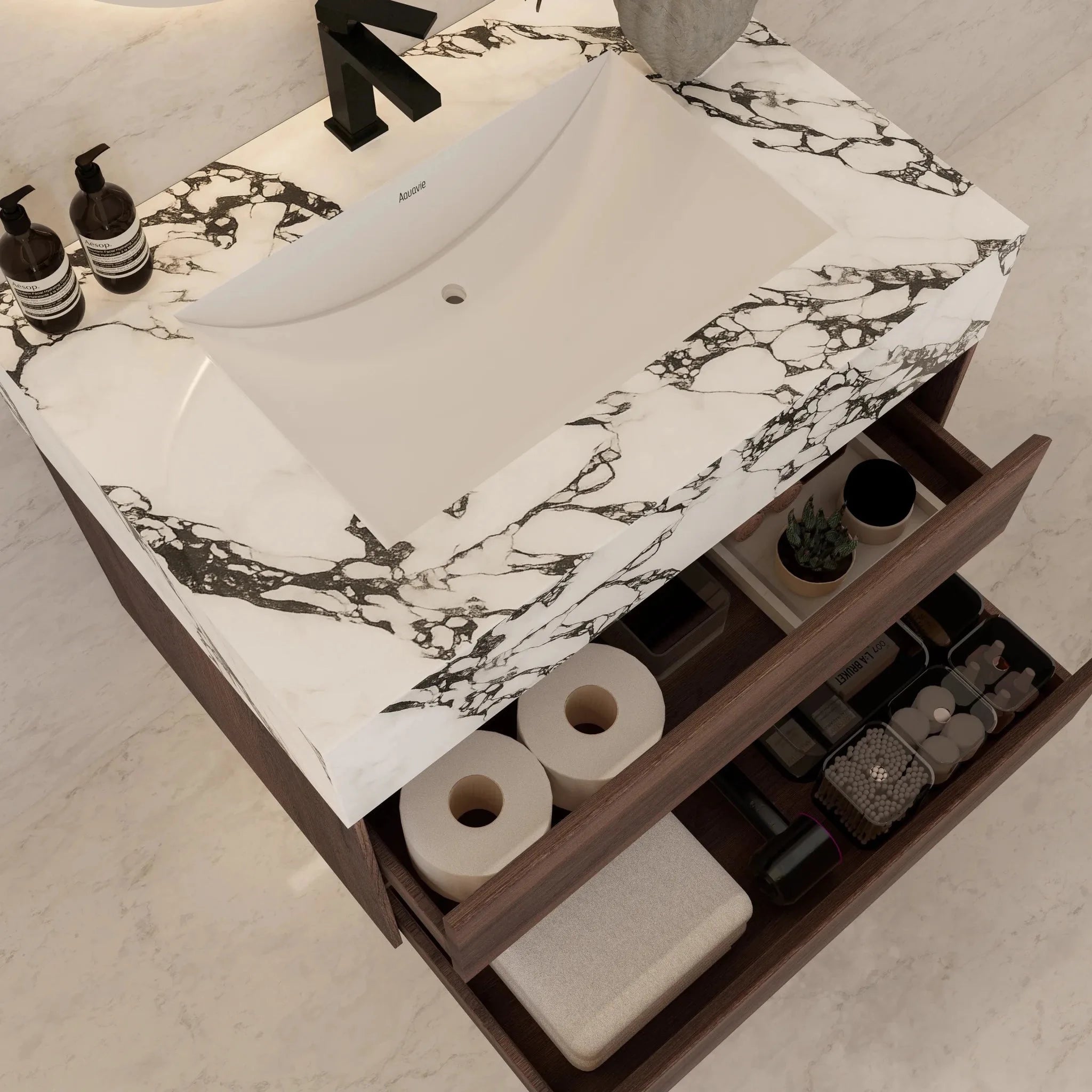 Aventino 32" Walnut Floating Single-Sink Vanity with Sintered Stone Top