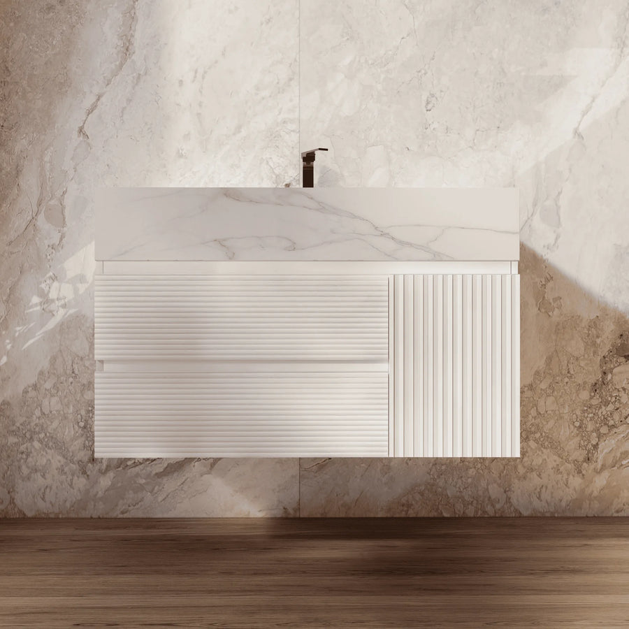Aventino 32" White Fluted Floating Single-Sink Vanity with Sintered Stone Top
