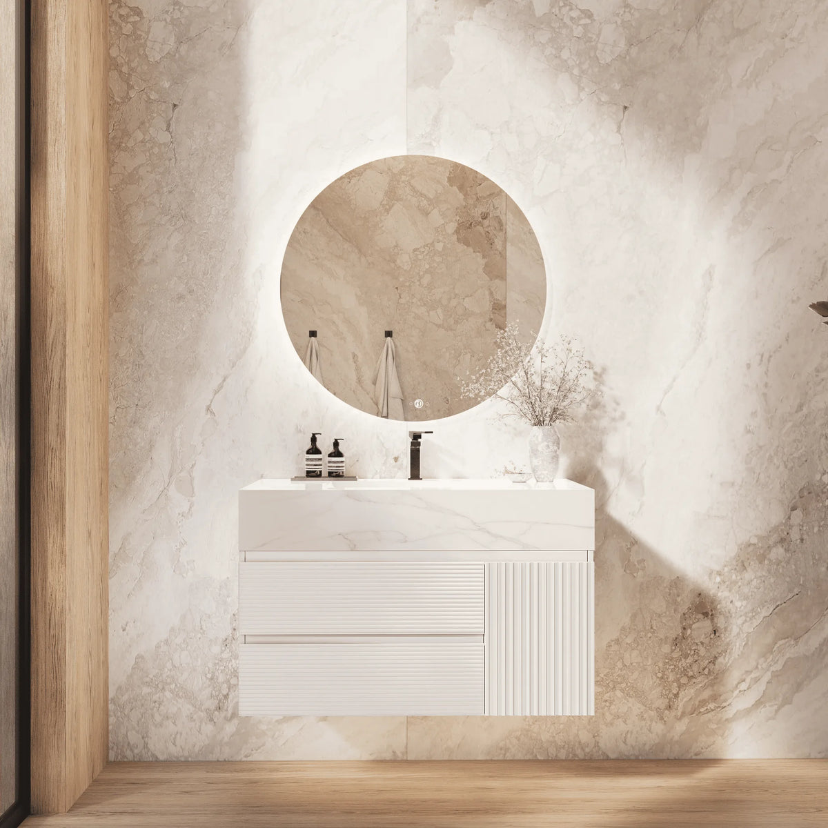 Aventino 32" Calacatta Gold single-sink fluted floating vanity — sintered stone top