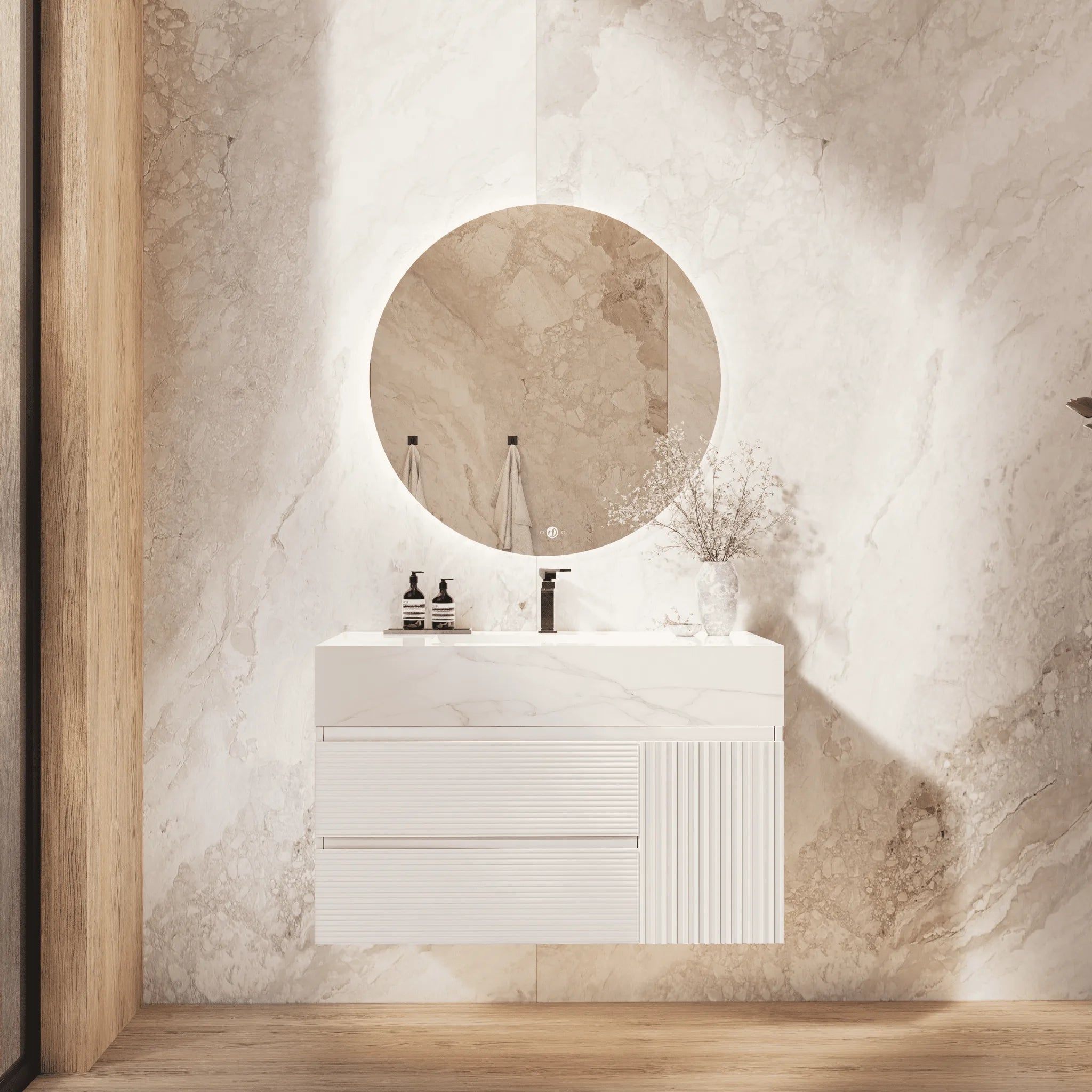 Aventino 32" White Fluted Floating Single-Sink Vanity with Sintered Stone Top