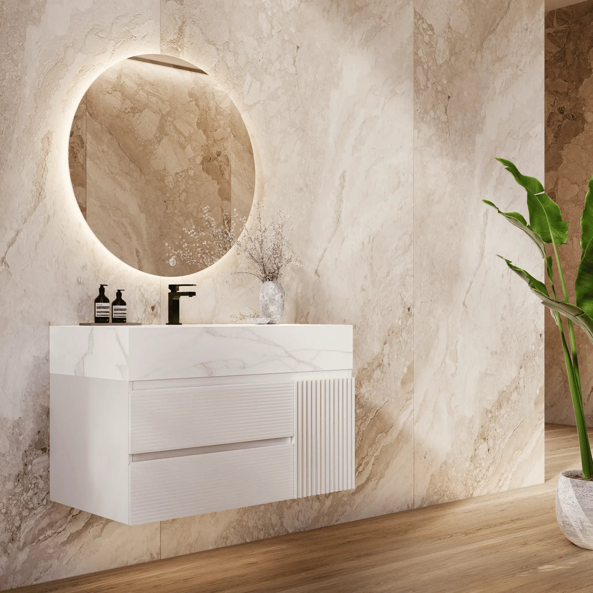 Aventino 32" Calacatta Gold single-sink fluted floating vanity — sintered stone top