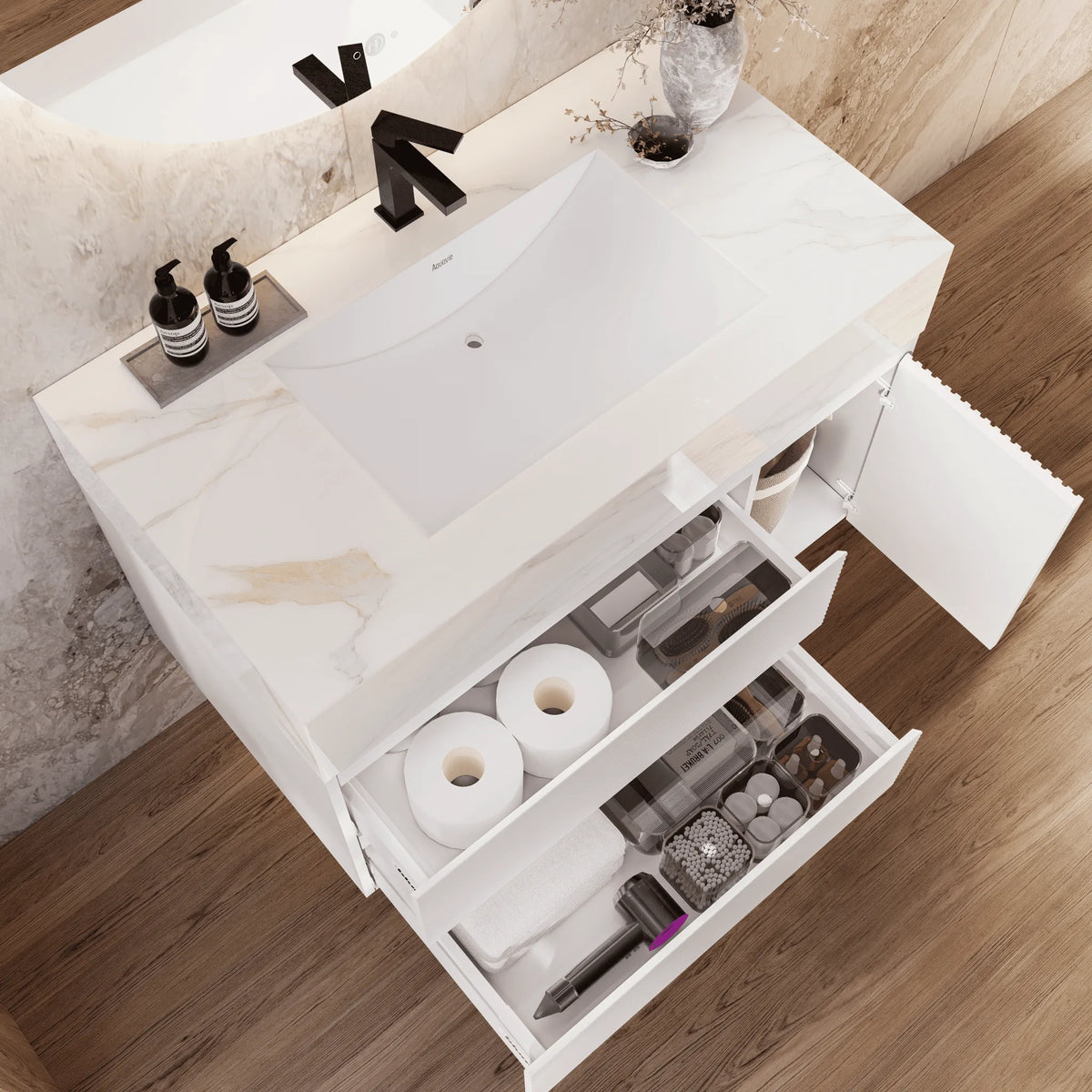 Aventino 32" Calacatta Gold single-sink fluted floating vanity — sintered stone top