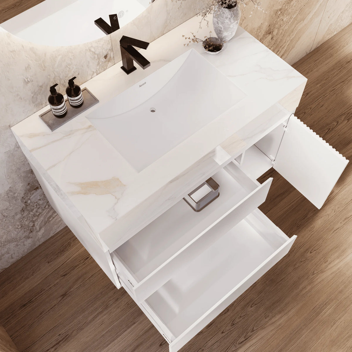 Aventino 32" Calacatta Gold single-sink fluted floating vanity — sintered stone top