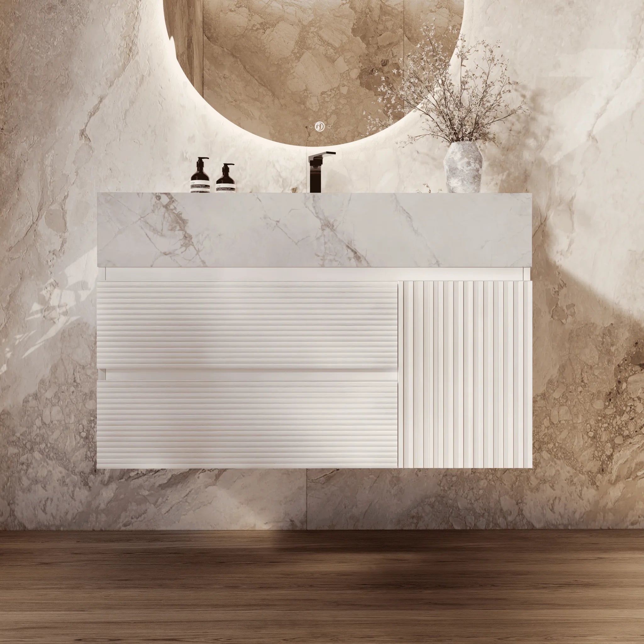 Aventino 32" White Fluted Floating Single-Sink Vanity with Sintered Stone Top