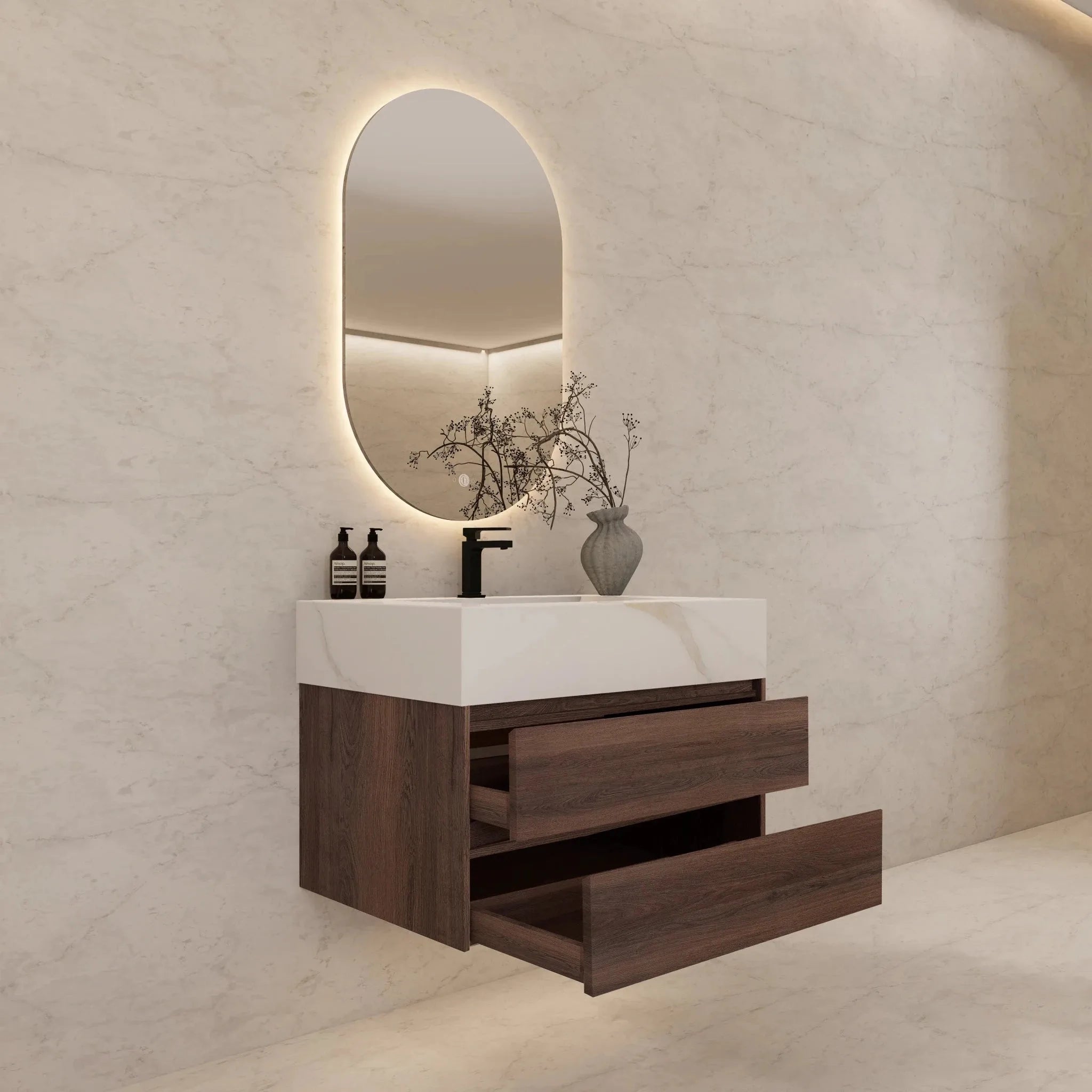 Aventino 32" Walnut Floating Single-Sink Vanity with Sintered Stone Top