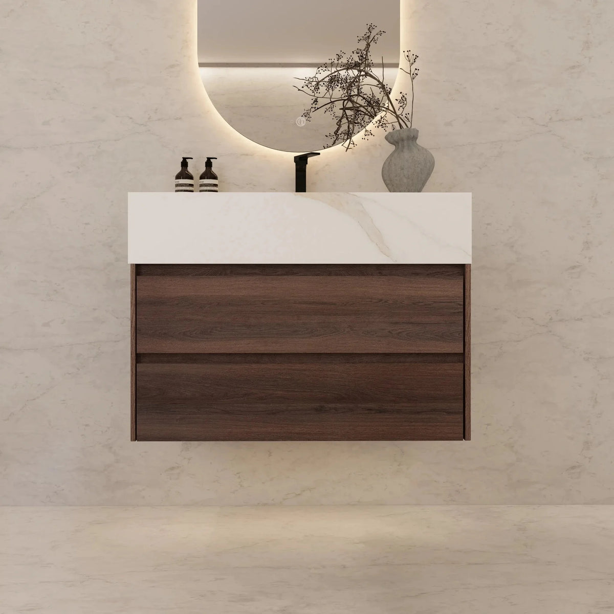 Aventino 32" Calacatta Gold single-sink flat floating vanity — sintered stone top