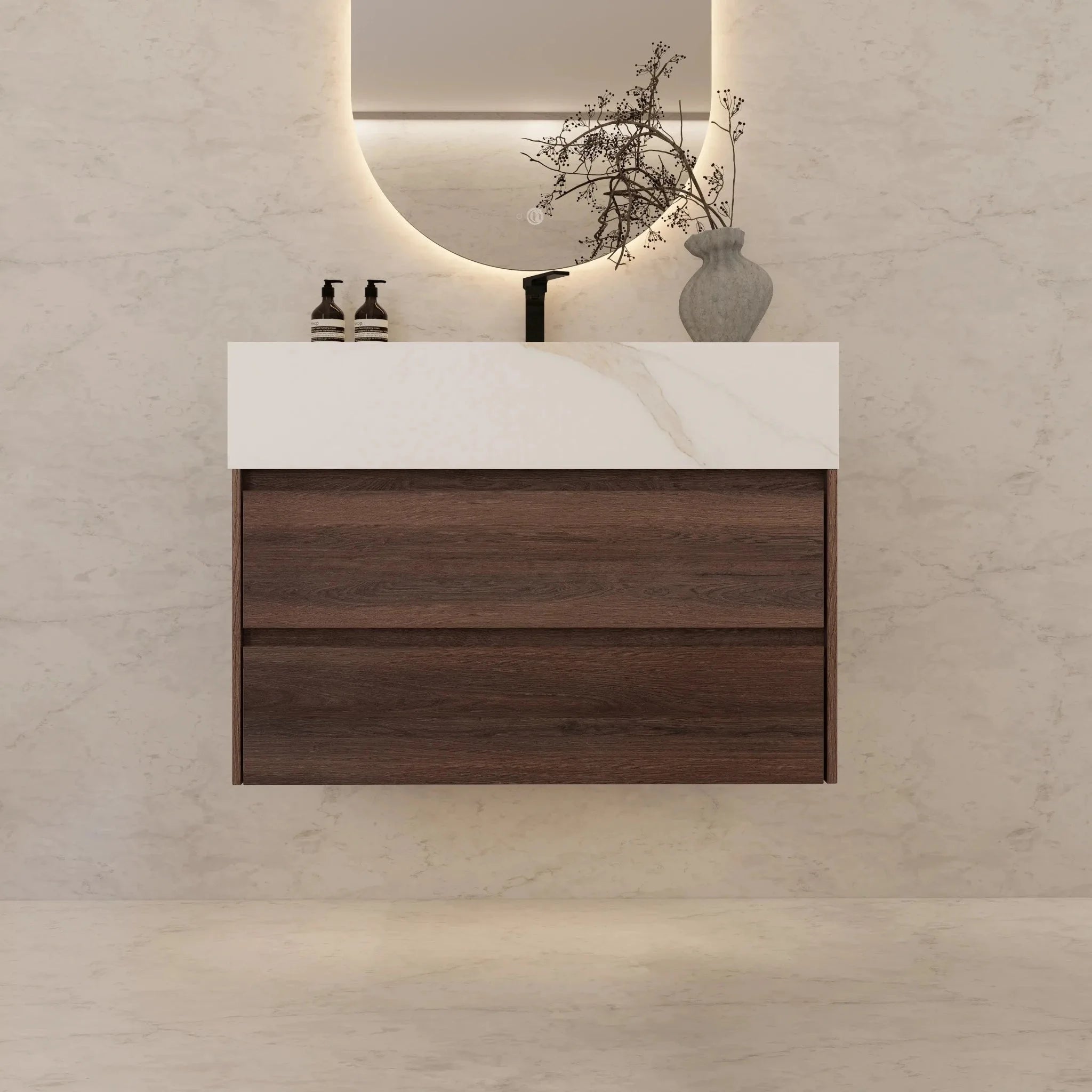 Aventino 32" Walnut Floating Single-Sink Vanity with Sintered Stone Top