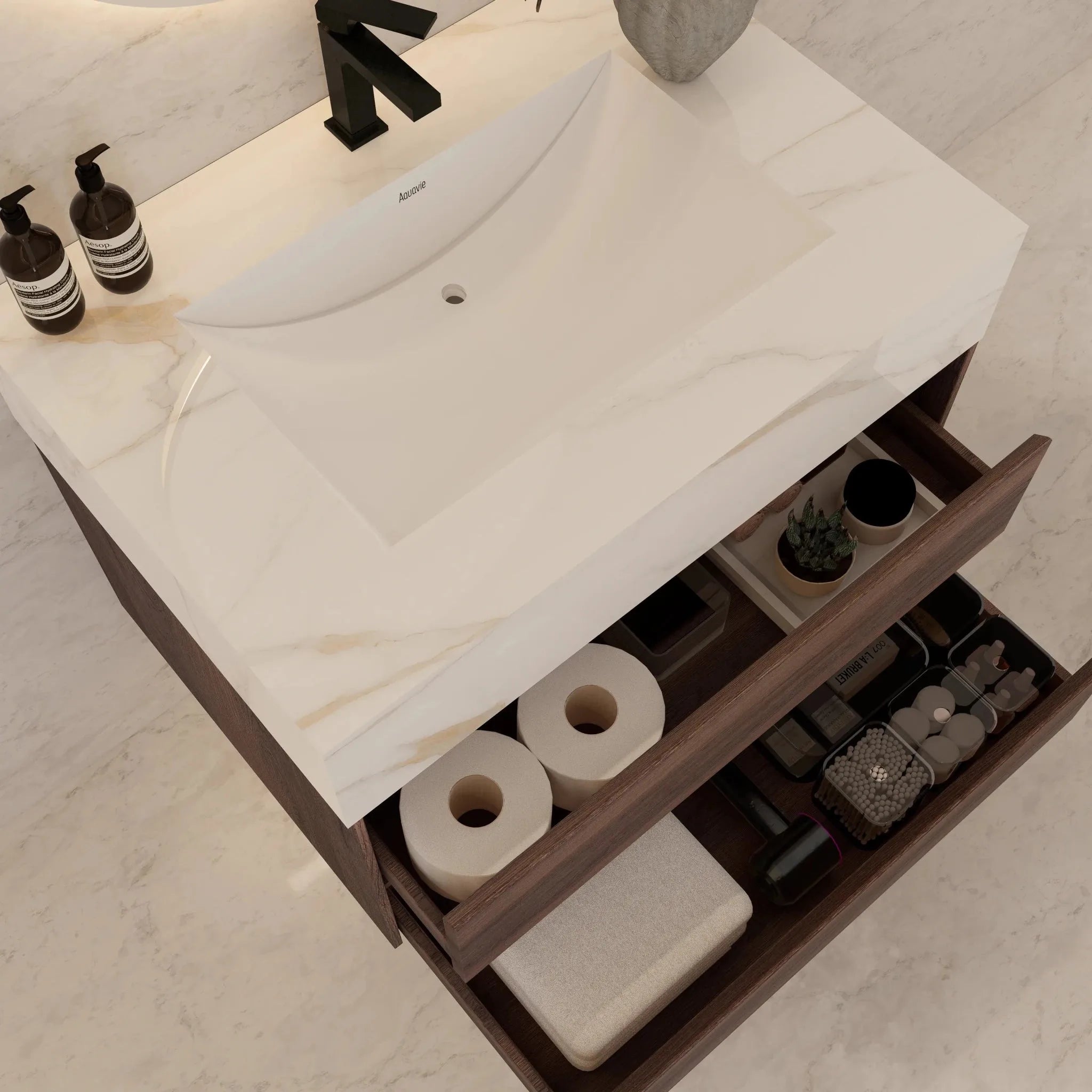 Aventino 32" Walnut Floating Single-Sink Vanity with Sintered Stone Top