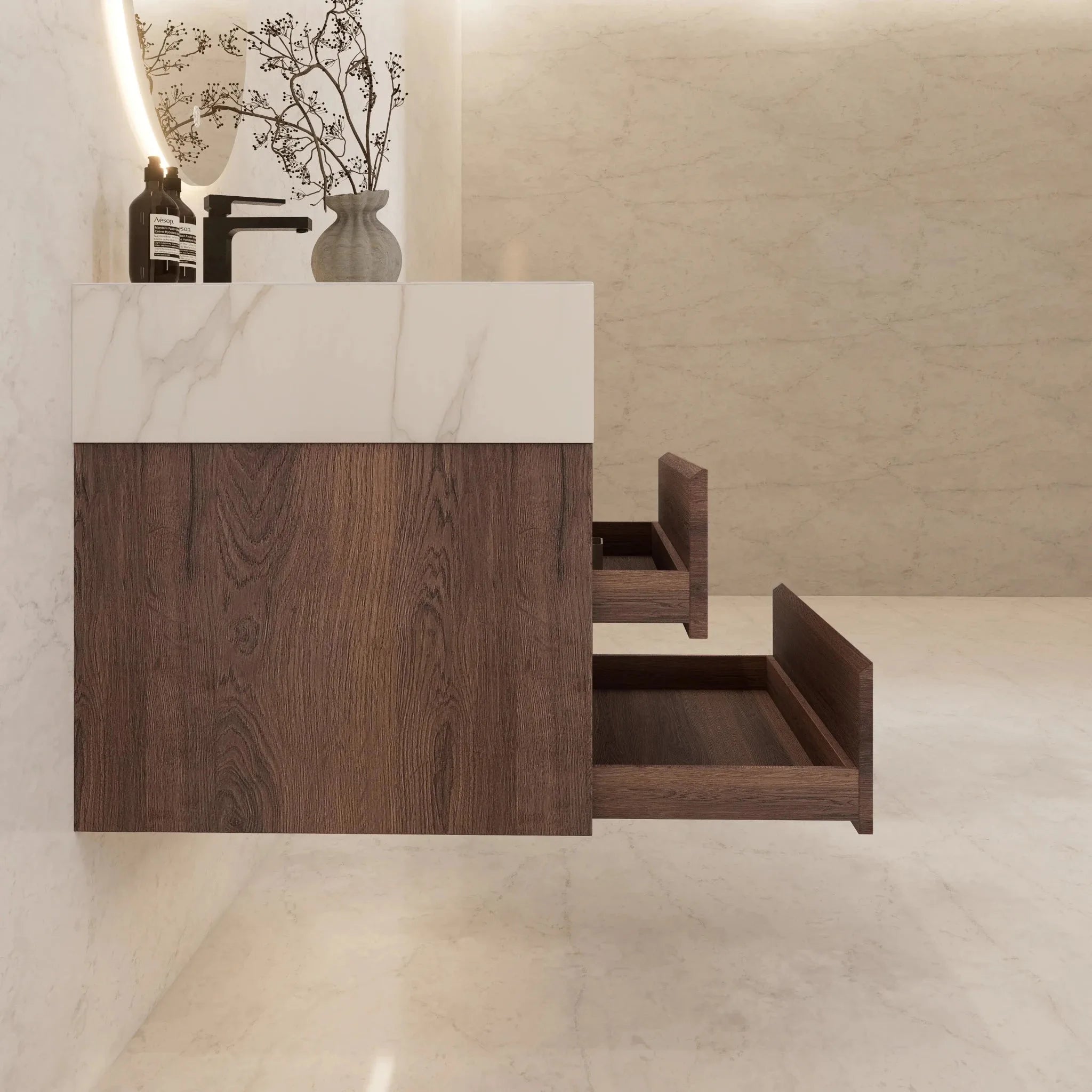 Aventino 32" Walnut Floating Single-Sink Vanity with Sintered Stone Top