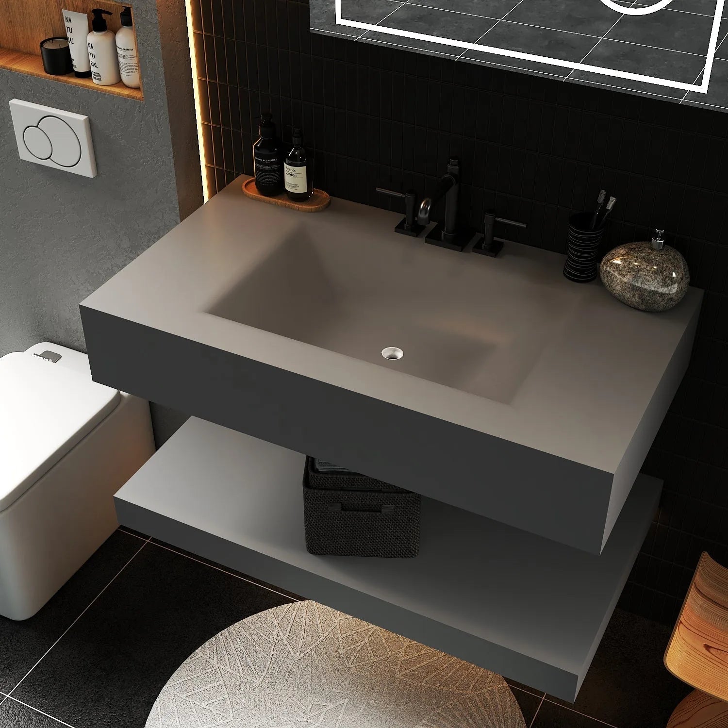 Aventino 32" Matte Grey Floating Single-Sink Vanity with Integrated Sintered Stone Basin