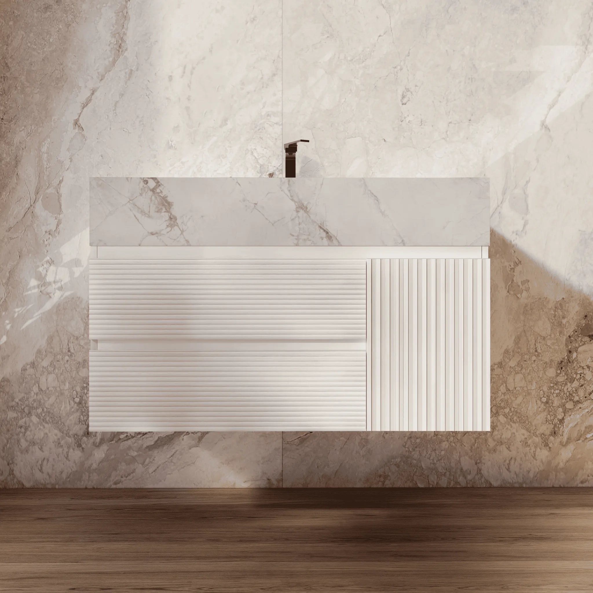 Aventino 32" White Fluted Floating Single-Sink Vanity with Sintered Stone Top