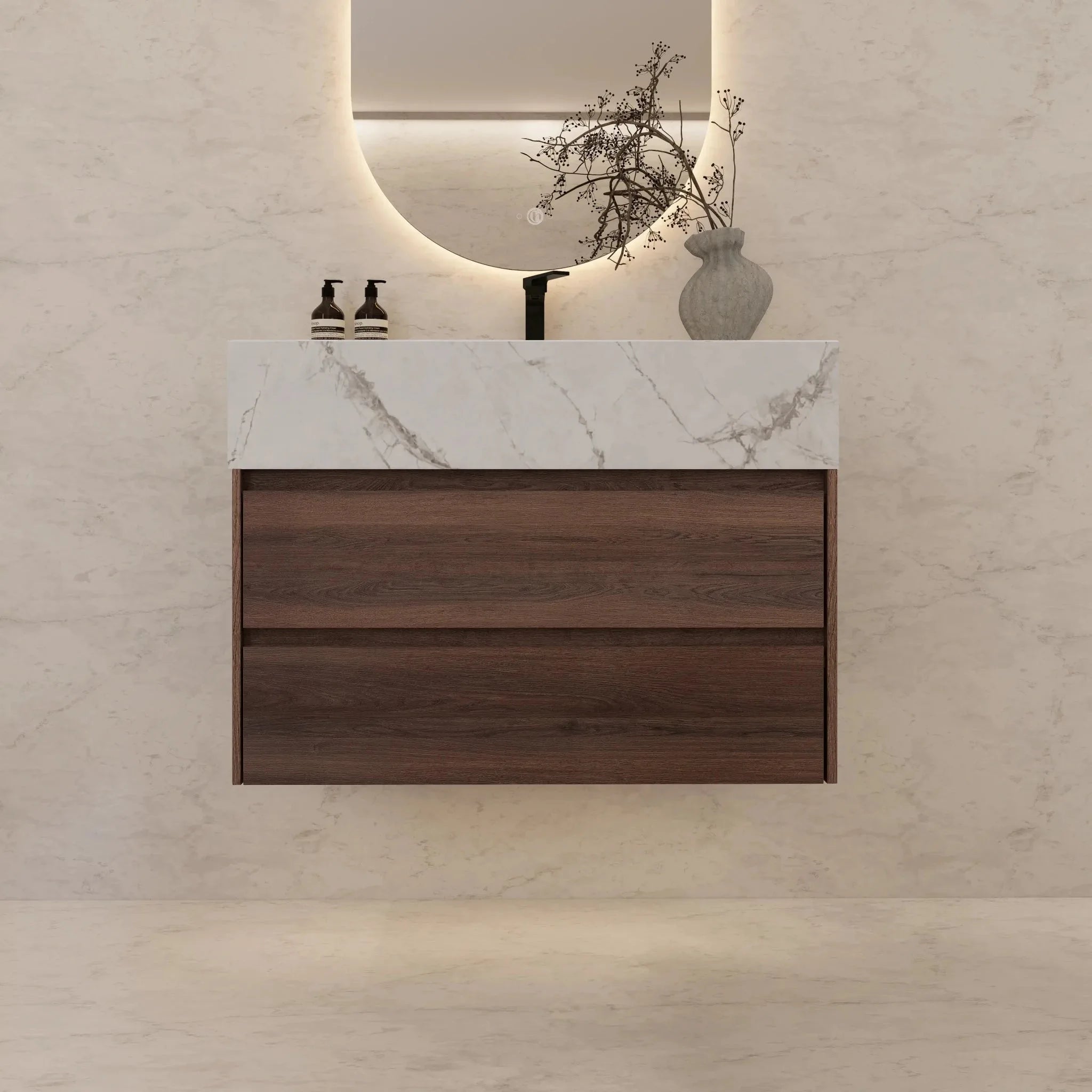 Aventino 32" Walnut Floating Single-Sink Vanity with Sintered Stone Top