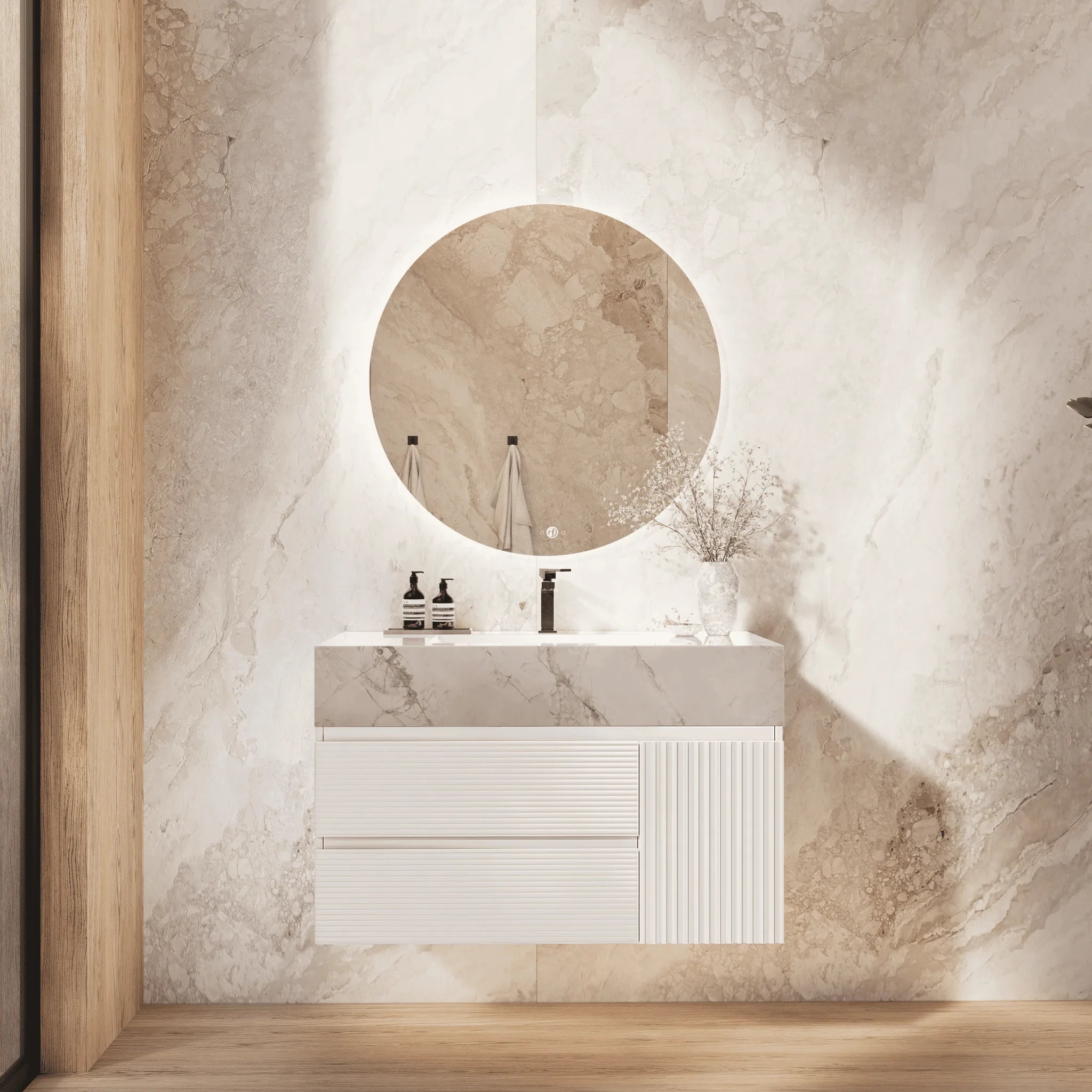 Aventino 32" White Fluted Floating Single-Sink Vanity with Sintered Stone Top