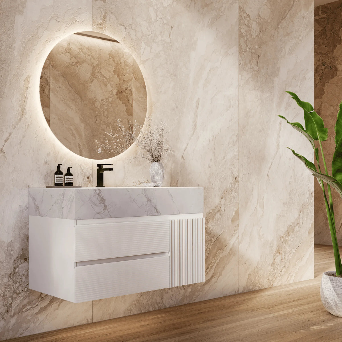 Aventino 32" Ice Grey single-sink fluted floating vanity — sintered stone top