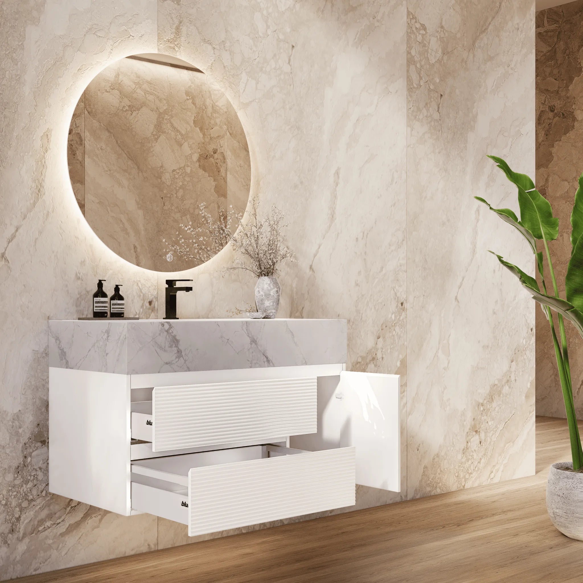 Aventino 32" White Fluted Floating Single-Sink Vanity with Sintered Stone Top