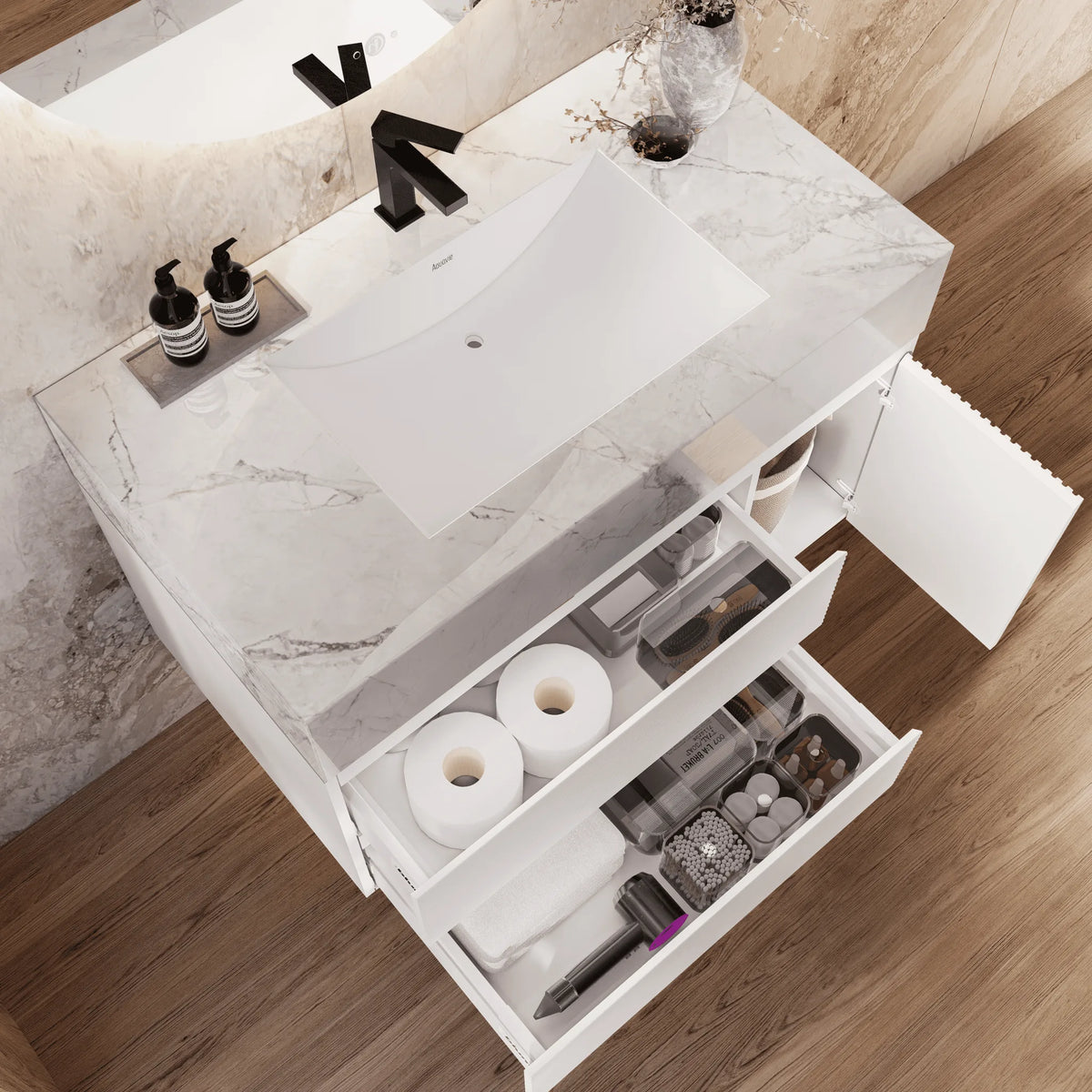 Aventino 32" Ice Grey single-sink fluted floating vanity — sintered stone top