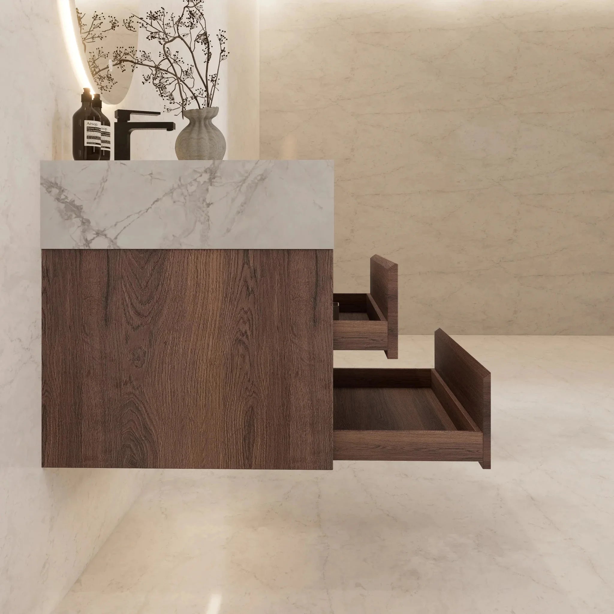 Aventino 32" Walnut Floating Single-Sink Vanity with Sintered Stone Top