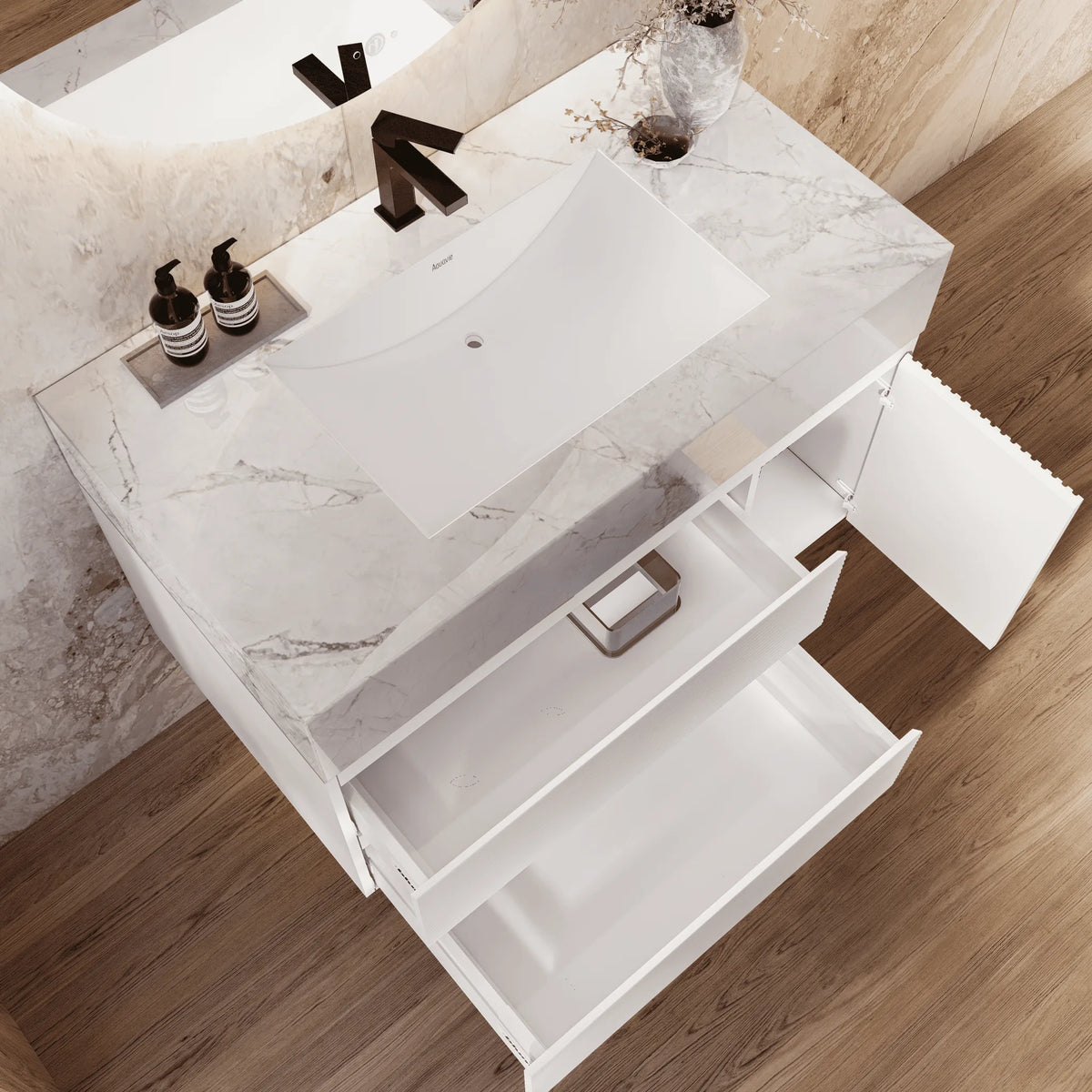 Aventino 32" Ice Grey single-sink fluted floating vanity — sintered stone top