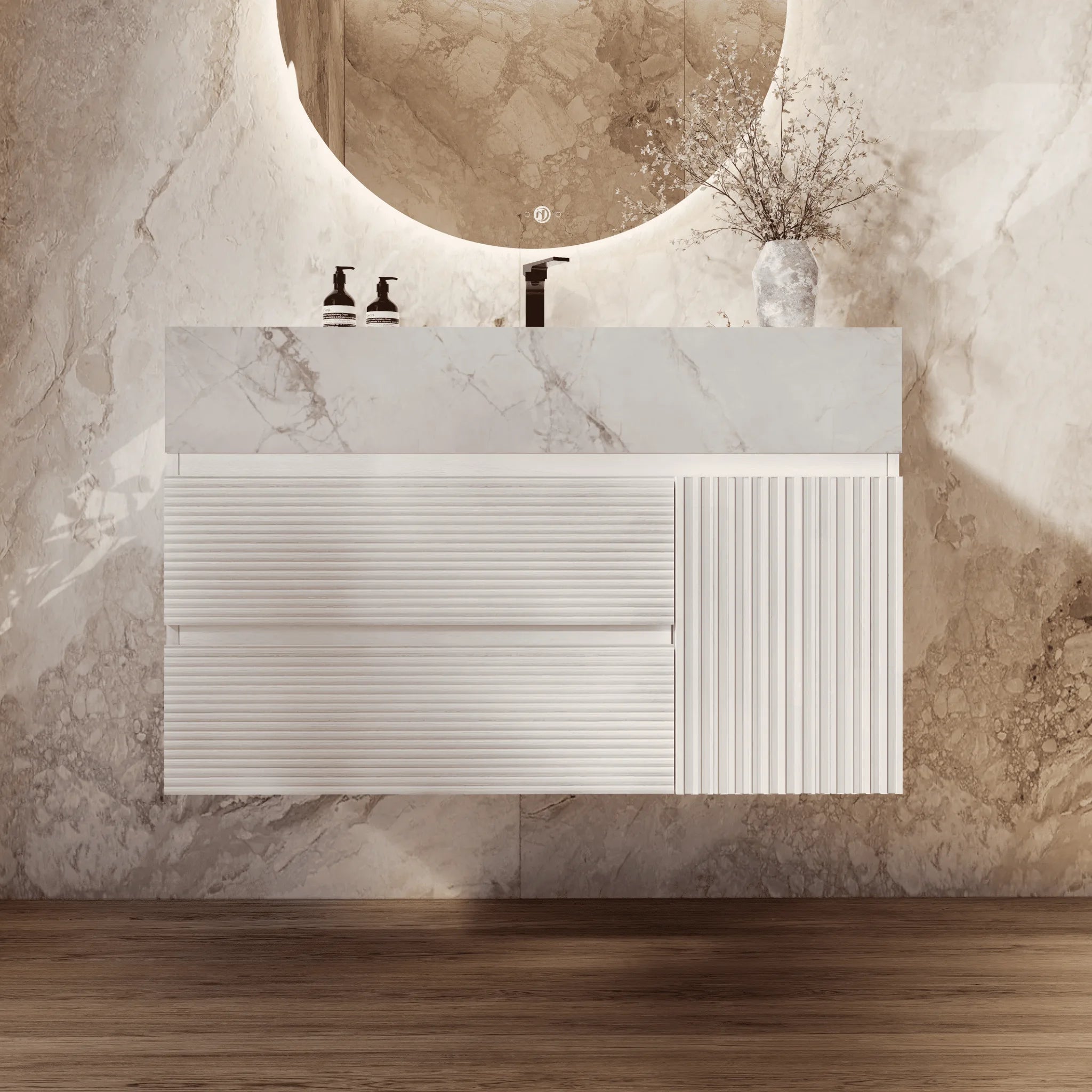 Aventino 32" White Fluted Floating Single-Sink Vanity with Sintered Stone Top