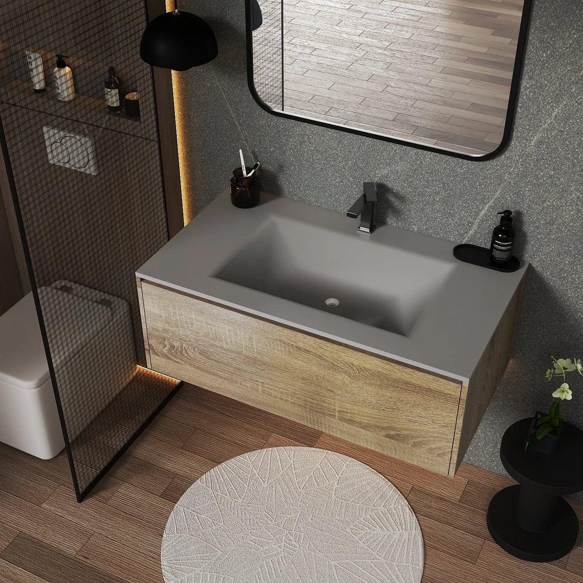 Aventino 32-inch matte grey light oak flat-front floating single-sink vanity — sintered stone top
