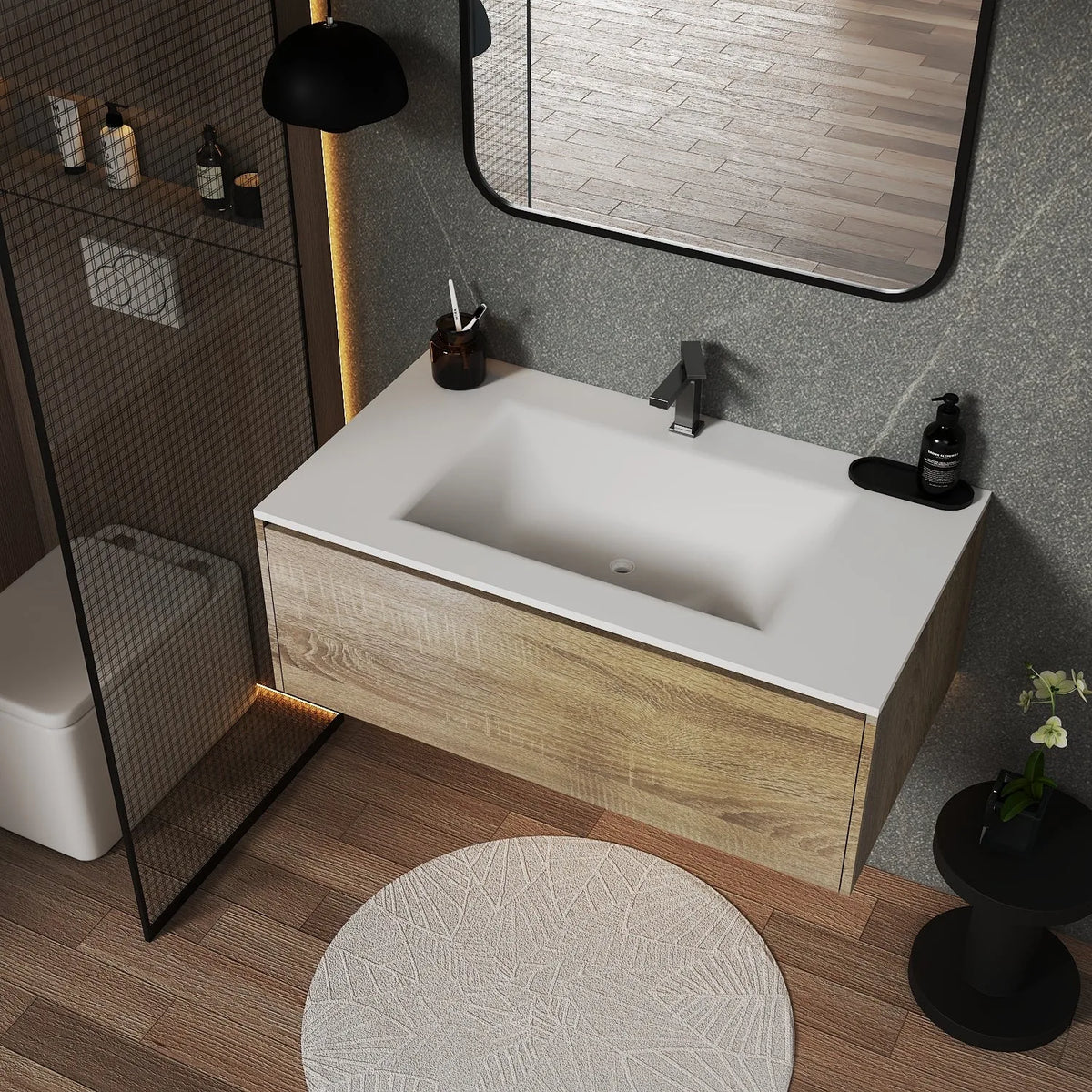 Aventino 32-inch pure white light oak flat-front floating single-sink vanity — sintered stone top