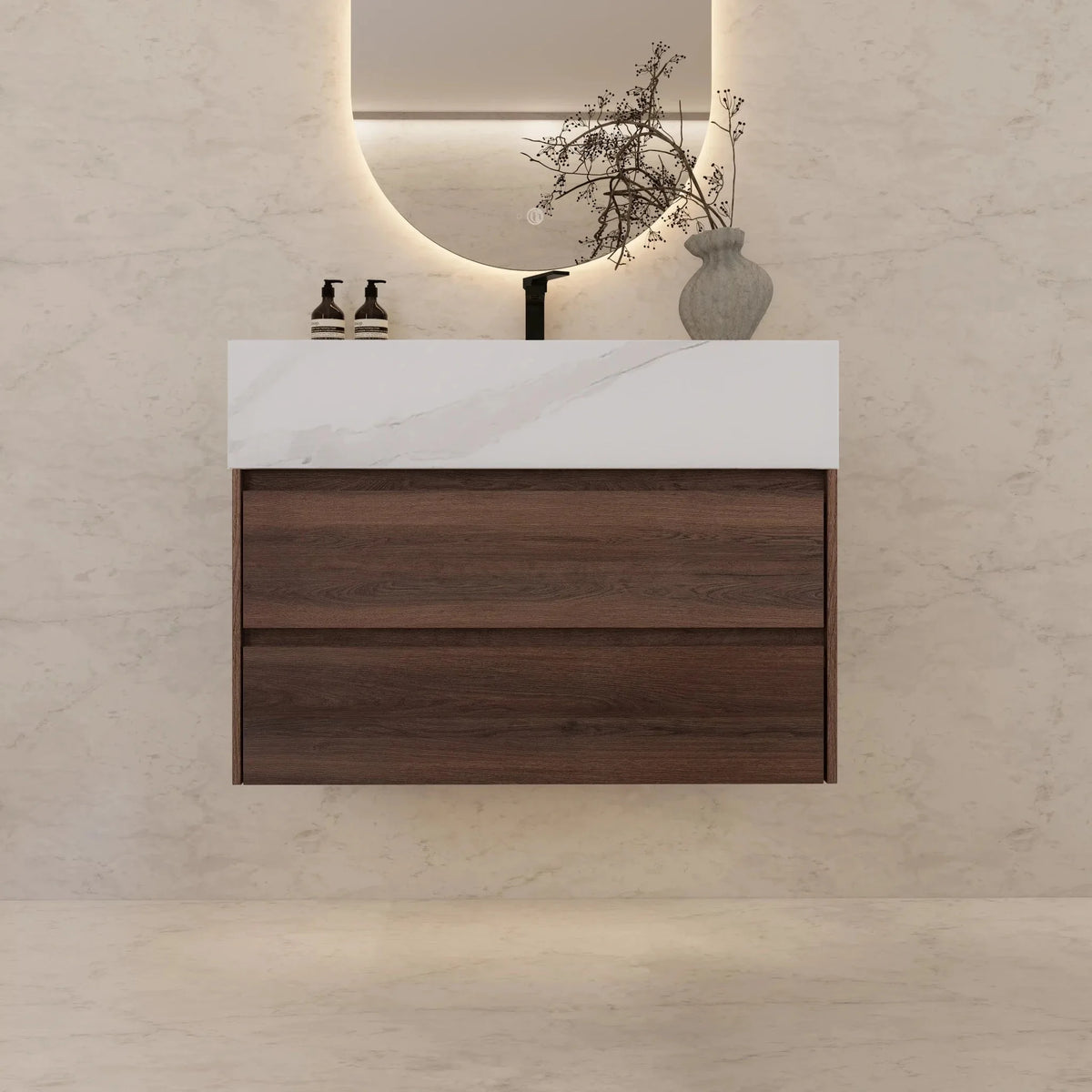 Aventino 32" White Carrara single-sink flat floating vanity — sintered stone top