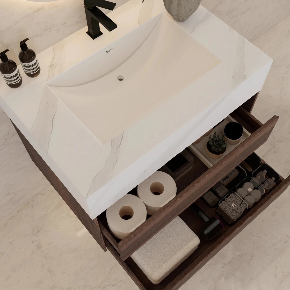 Aventino 32" White Carrara single-sink flat floating vanity — sintered stone top