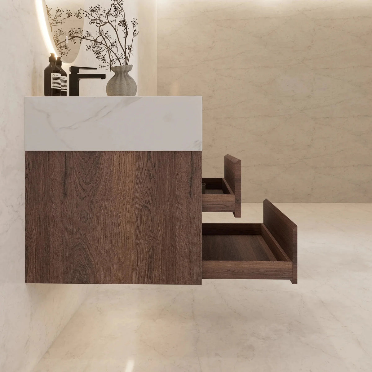 Aventino 32" White Carrara single-sink flat floating vanity — sintered stone top