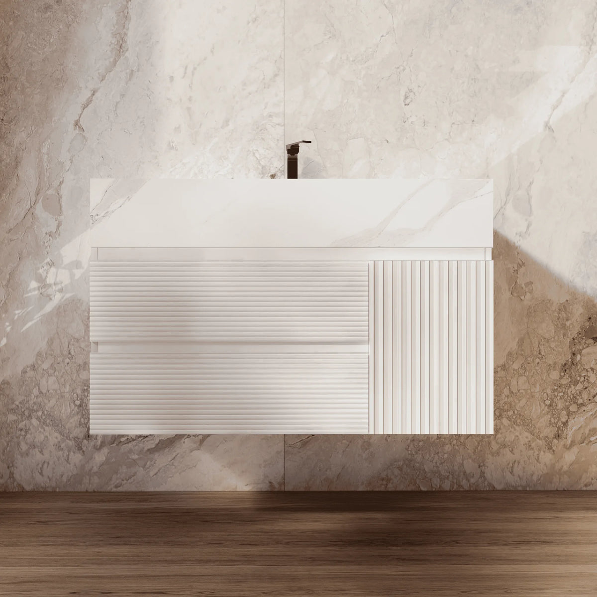 Aventino 32" White Carrara single-sink fluted floating vanity — sintered stone top