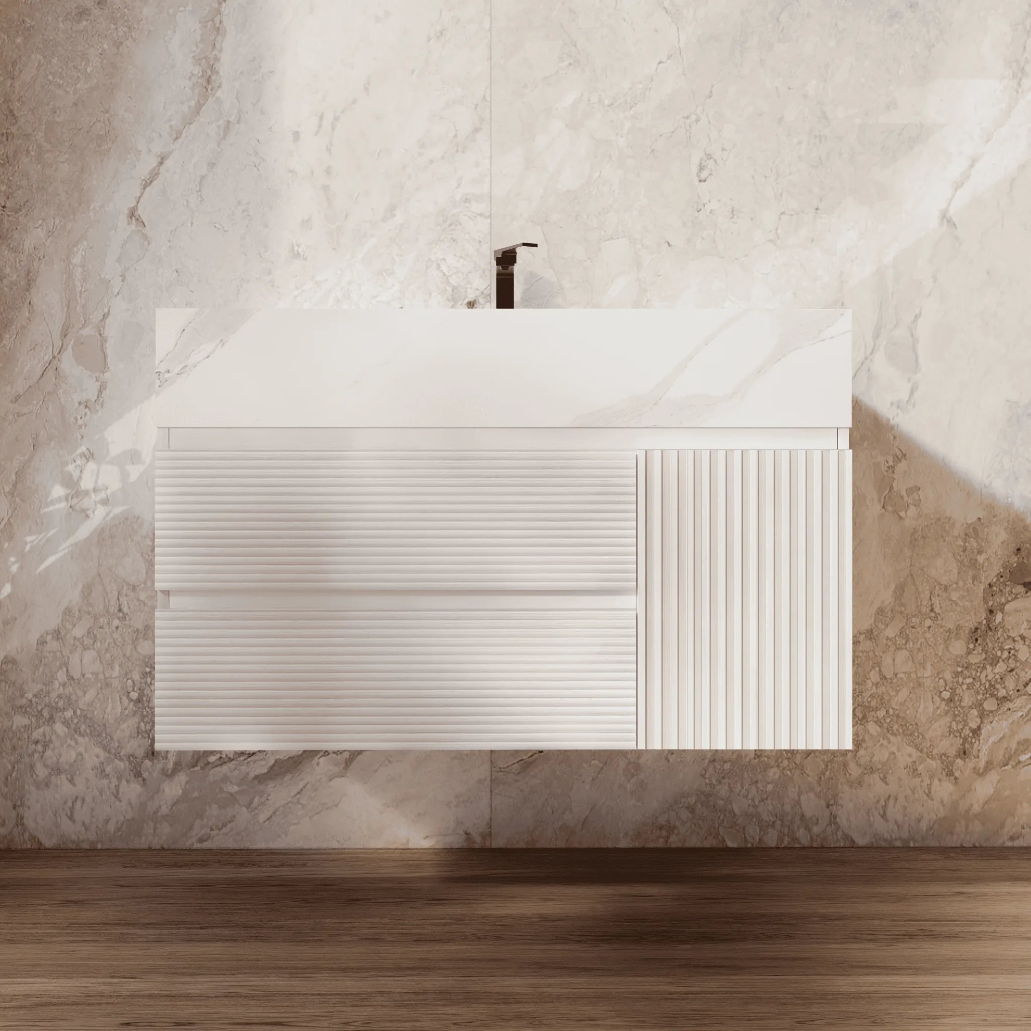 Aventino 32" White Fluted Floating Single-Sink Vanity with Sintered Stone Top